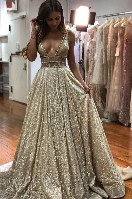 Elegant Sparkly V Neck Open Back Sequin Shiny Long Sleeveless Prom Dresses