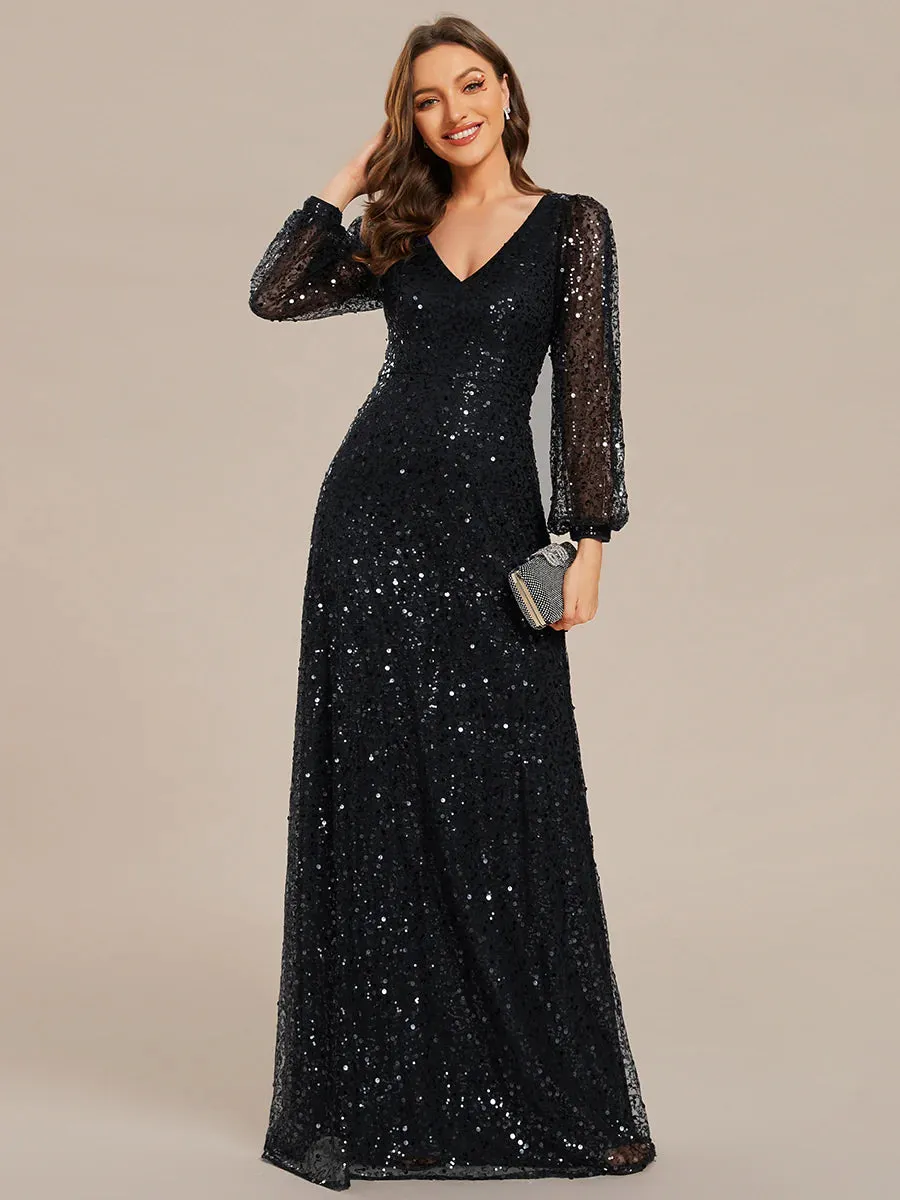 Elegant waisted chiffon V-neck long sleeve guest dress