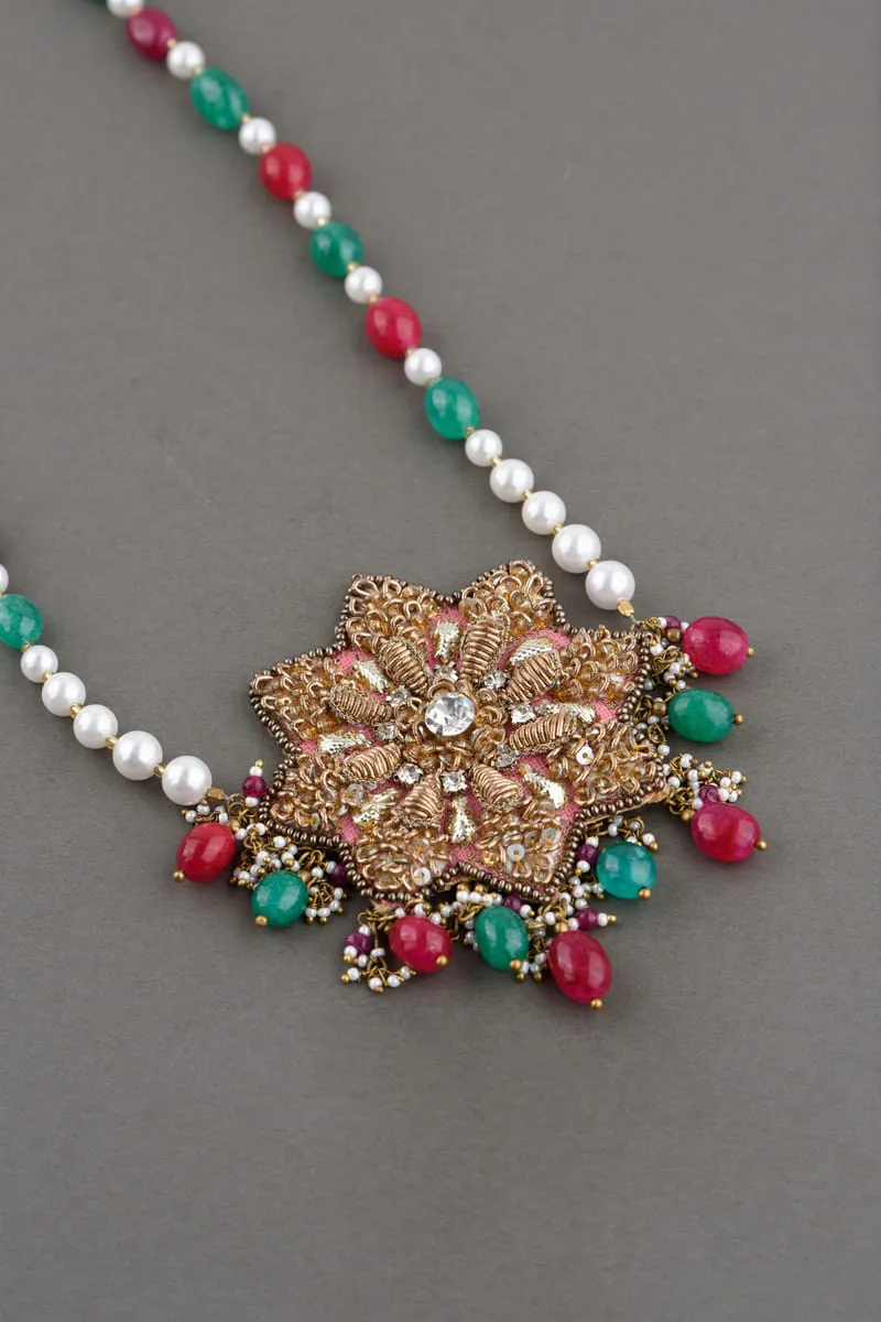 Embroidered Flower Two Tone Beaded String Sehra