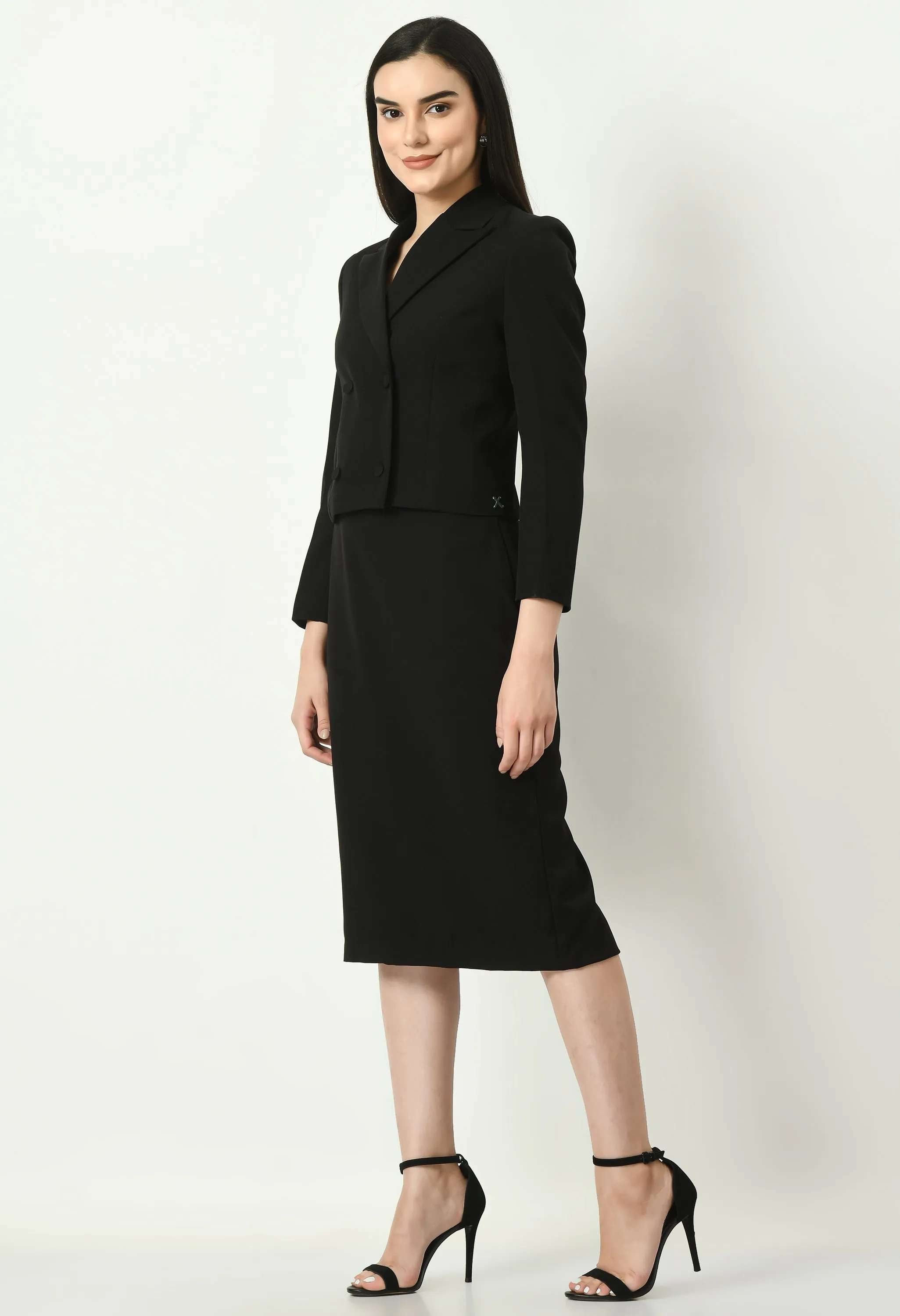 Exude Self-assurance Double-breasted Crop Blazer Top with Pencil Skirt (Black)