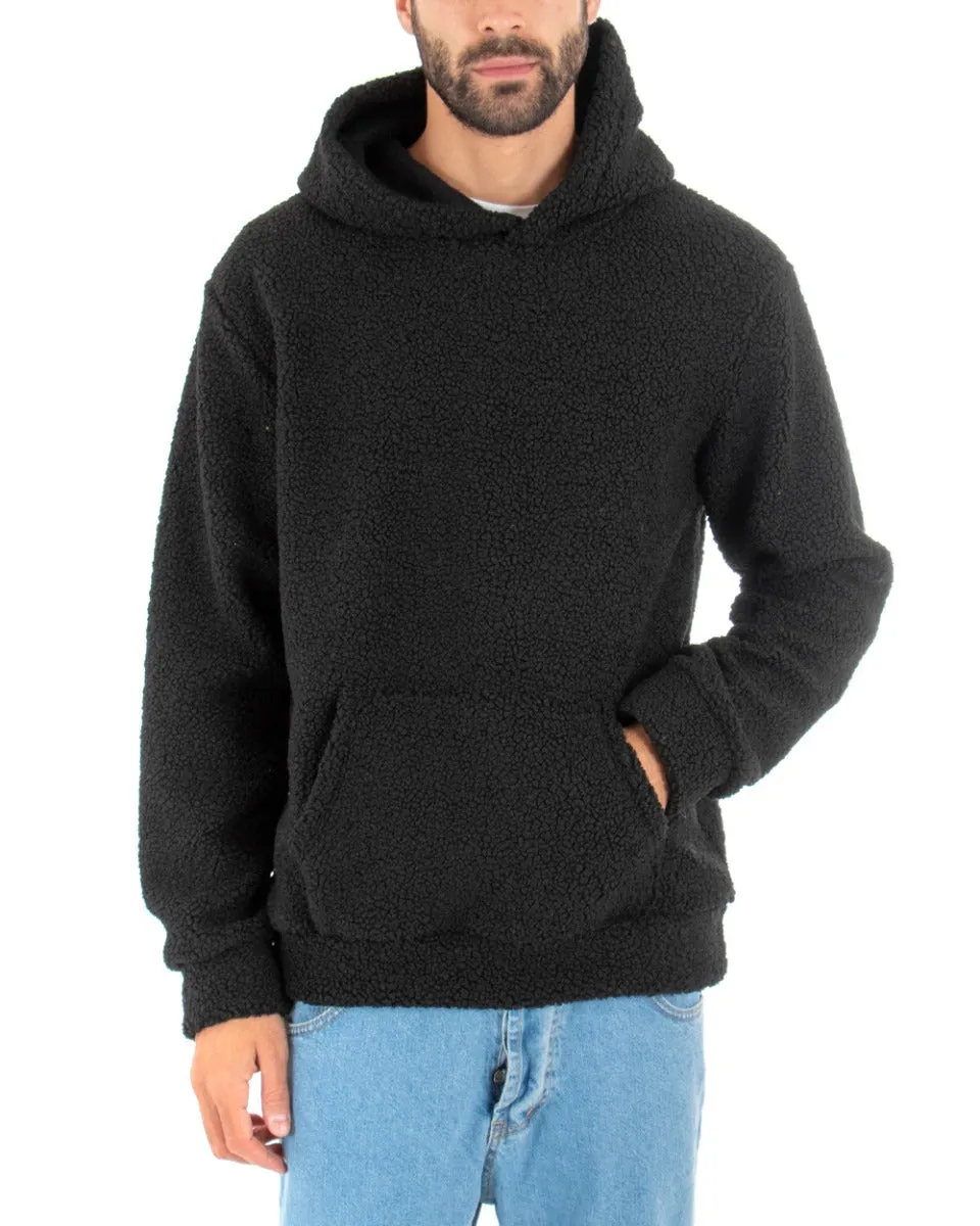 Felpa Uomo Con Cappuccio Maglia Teddy Pelliccia Tinta Unita Nero Regular Fit GIOSAL-F2892A