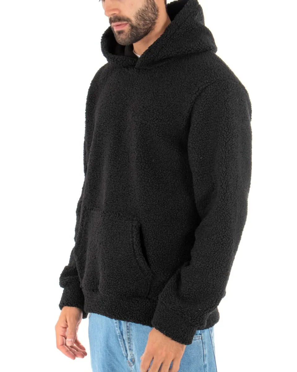 Felpa Uomo Con Cappuccio Maglia Teddy Pelliccia Tinta Unita Nero Regular Fit GIOSAL-F2892A