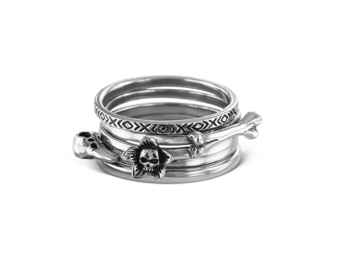 Flower Skull Stacking Ring - Silver