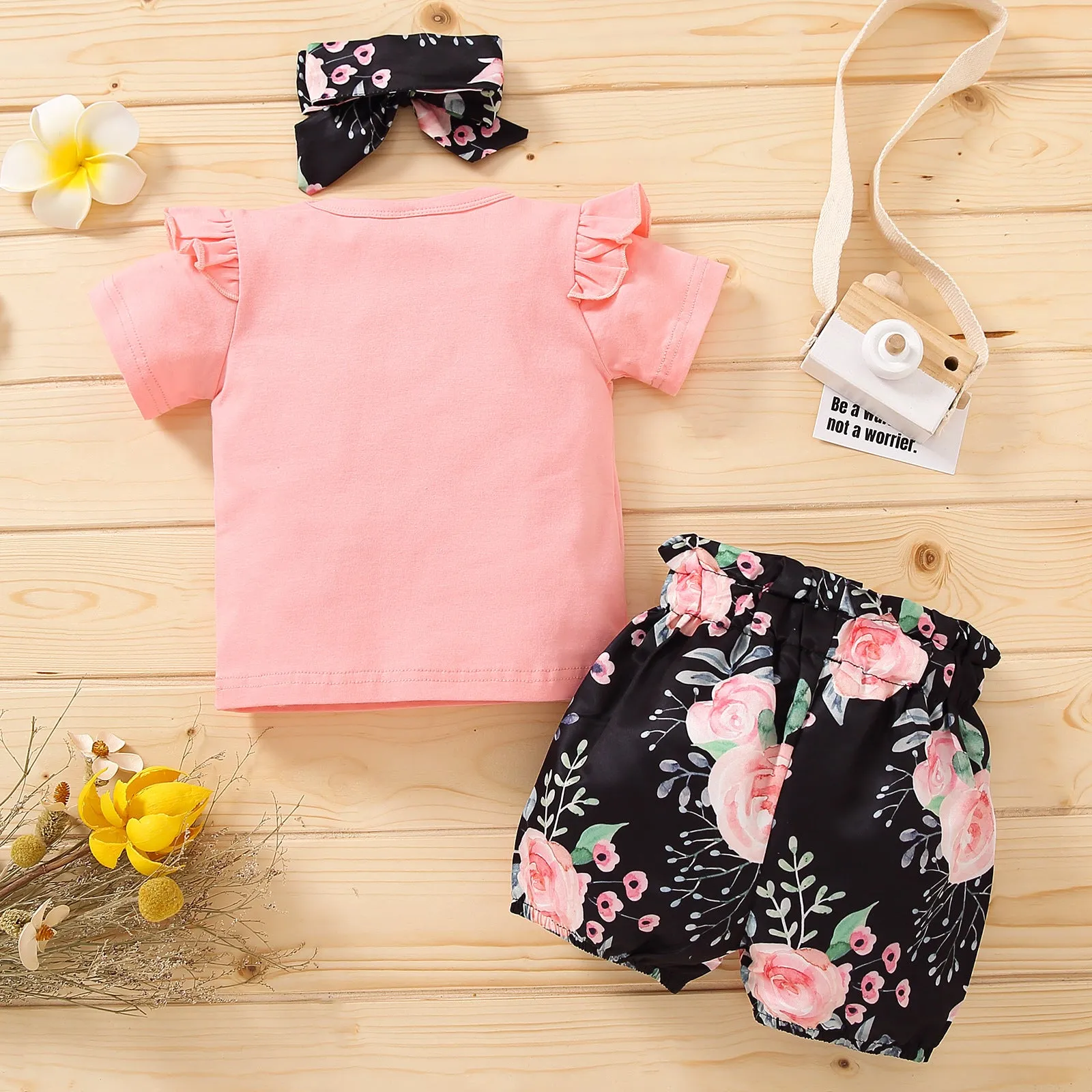 Girls Summer Solid Letter Short Sleeve T-shirt Floral Print Shorts Hair Band 3PCS