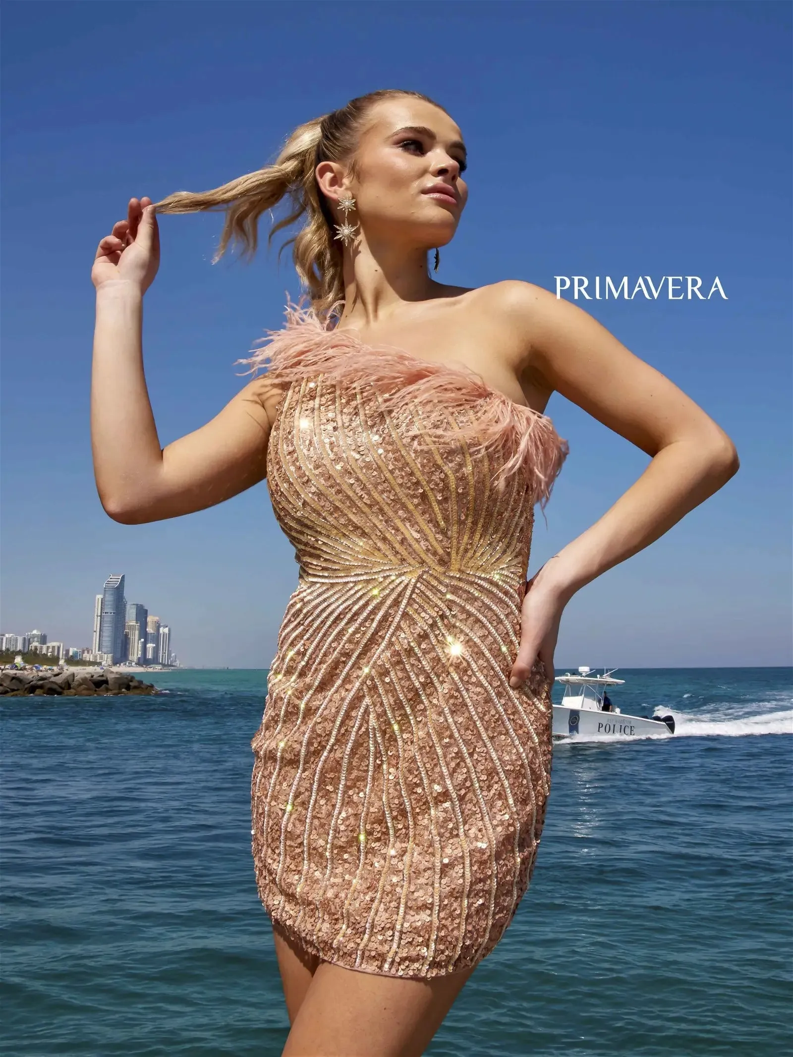 Gloria | One Shoulder Feather Homecoming Dress | Primavera Couture | 4002