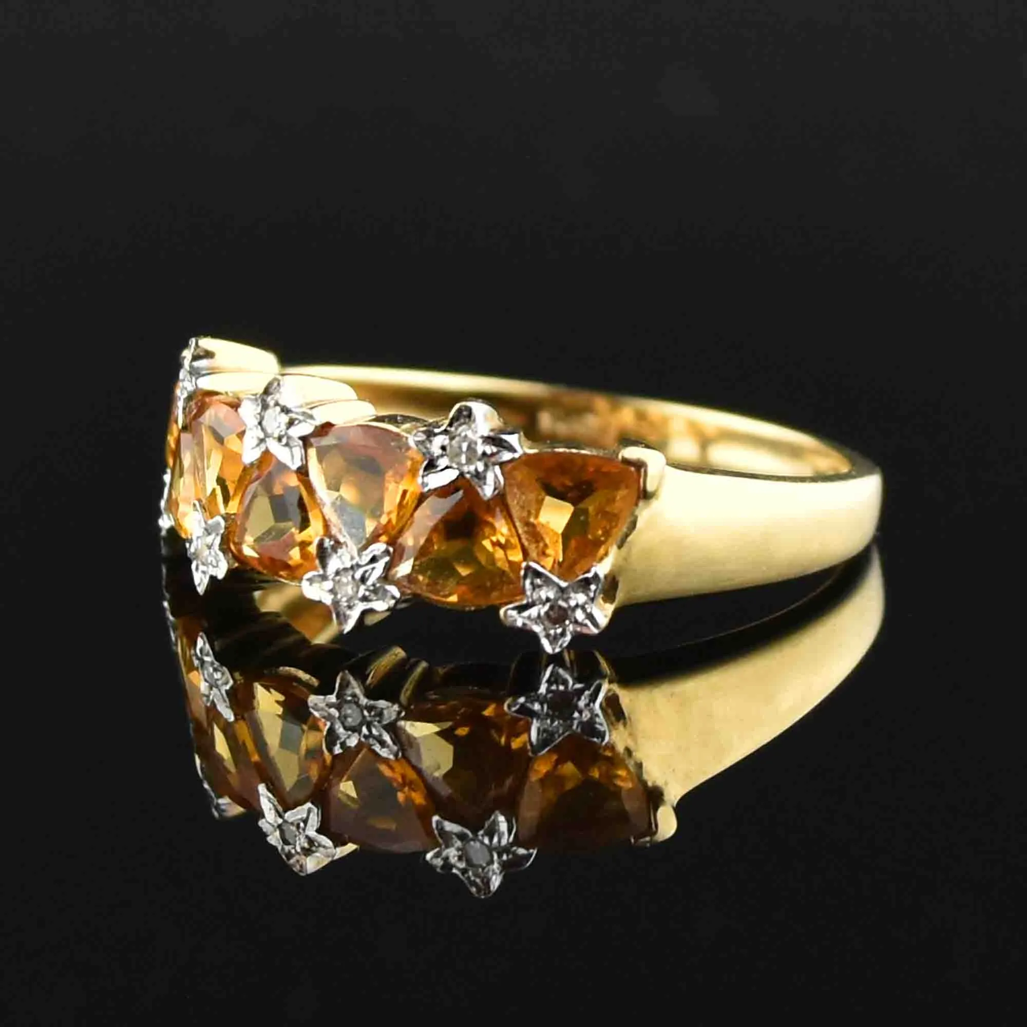 Gold Citrine Diamond Star Band Ring, Sz 7.5