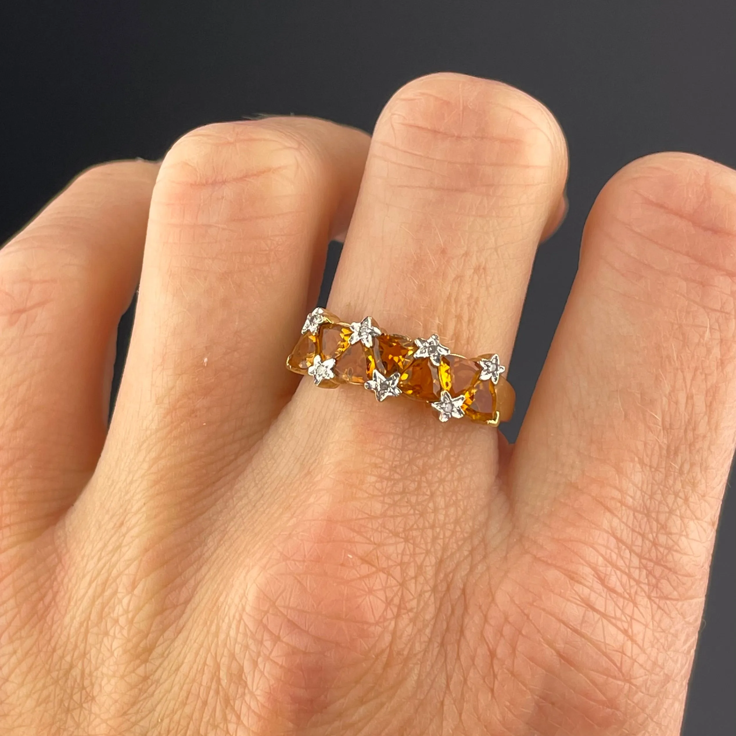 Gold Citrine Diamond Star Band Ring, Sz 7.5