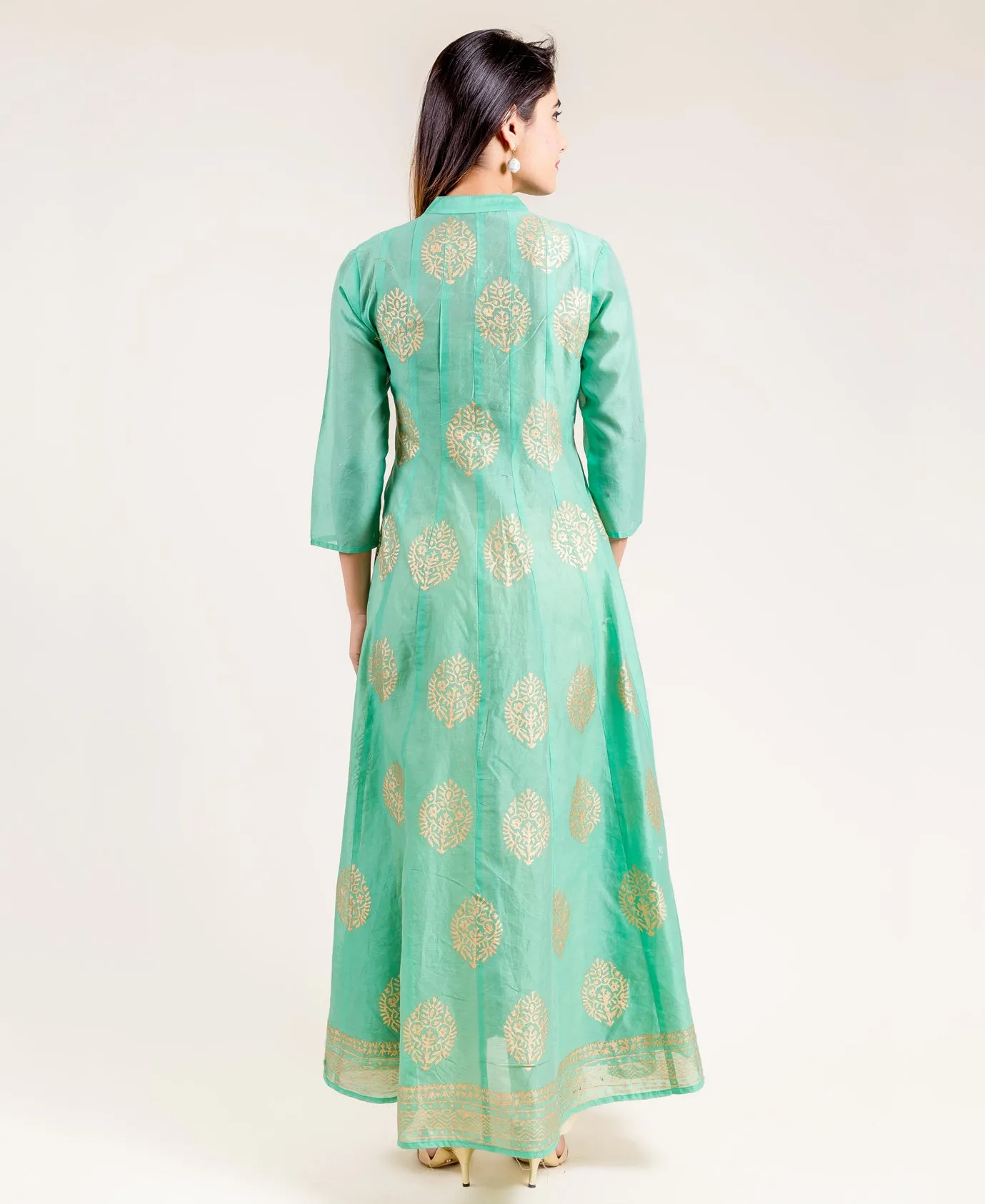 Green Chanderi Anarkali Long Dress with Front Slit