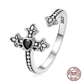 Heart Cross Black CZ Obsidian Open Ring - 925 Sterling Silver