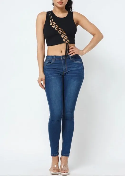 Hera Collection Diagonal Lace Crop Top (Black) 22487