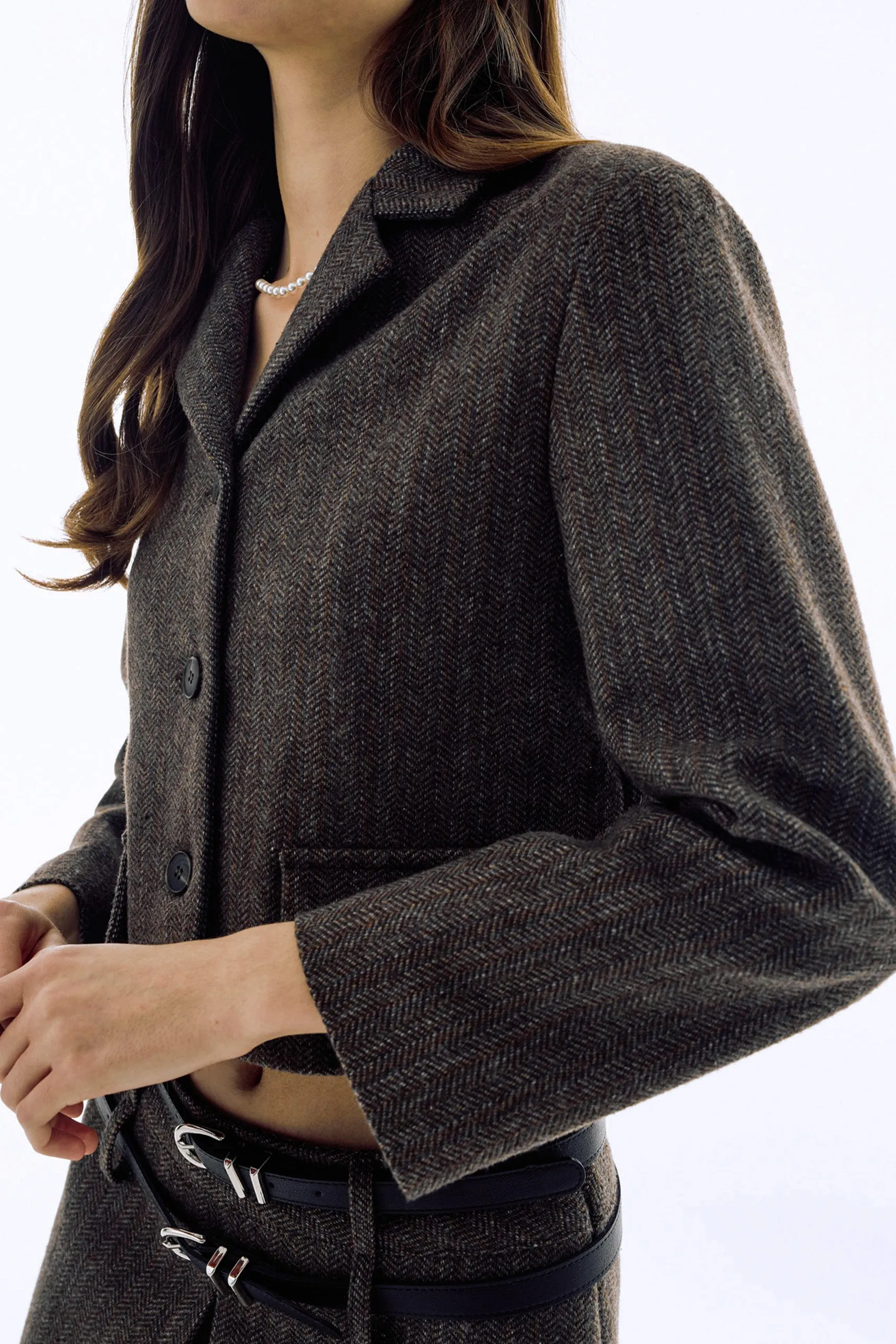 Herringbone Cropped Blazer in Brown