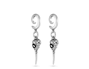 Hummingbird Skull Gauged Spiral Earrings - Silver