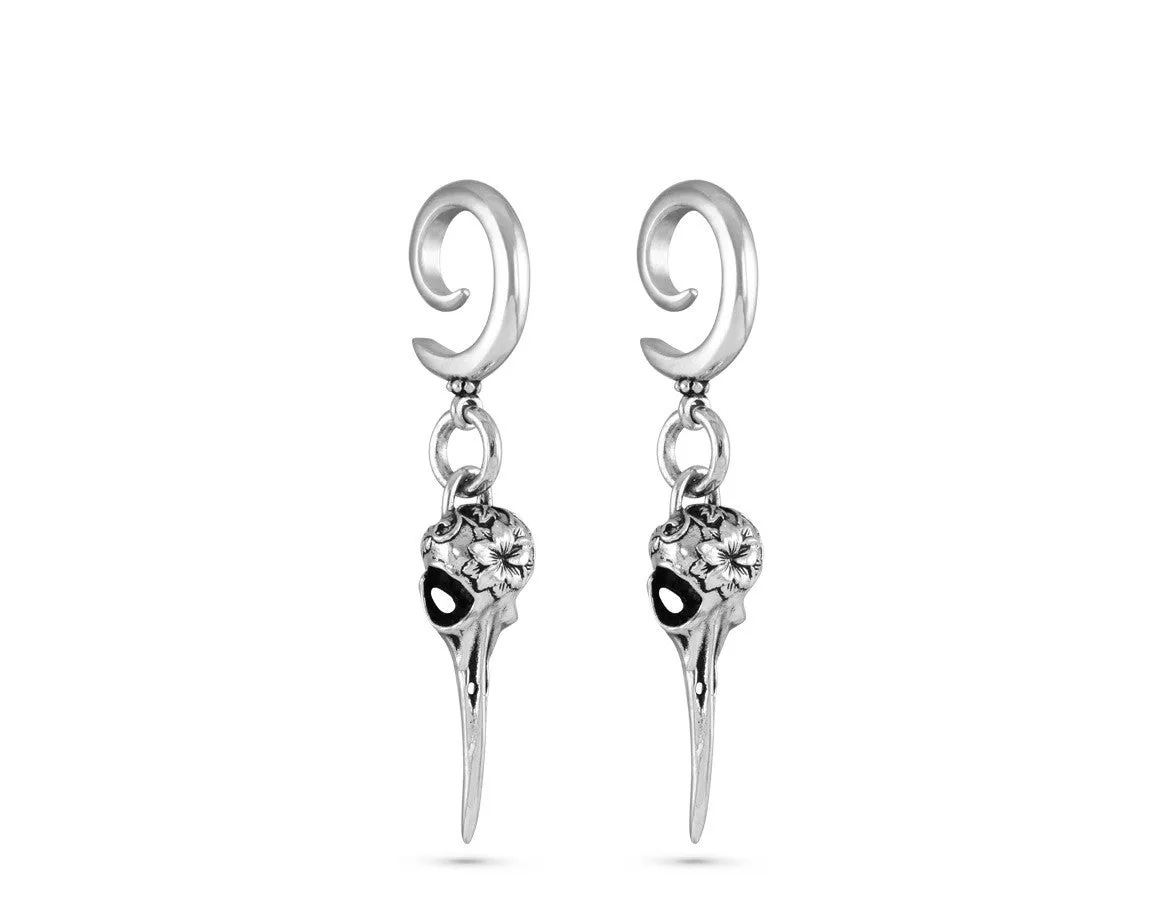 Hummingbird Skull Gauged Spiral Earrings - Silver