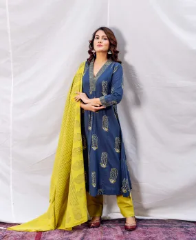 Indigo and Ochre Block Printed A -Line Kurta