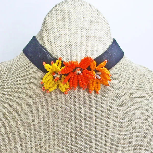 Lakia, Orange Floral, Black Ribbon Choker, Necklace