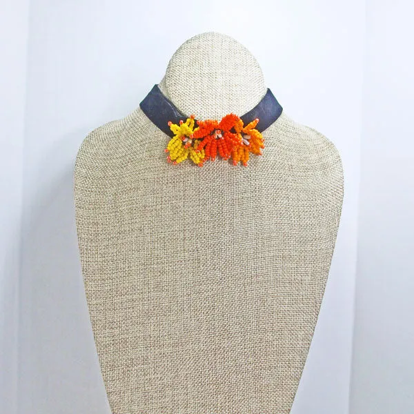 Lakia, Orange Floral, Black Ribbon Choker, Necklace