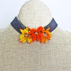 Lakia, Orange Floral, Black Ribbon Choker, Necklace