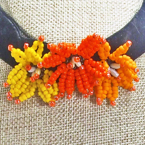 Lakia, Orange Floral, Black Ribbon Choker, Necklace