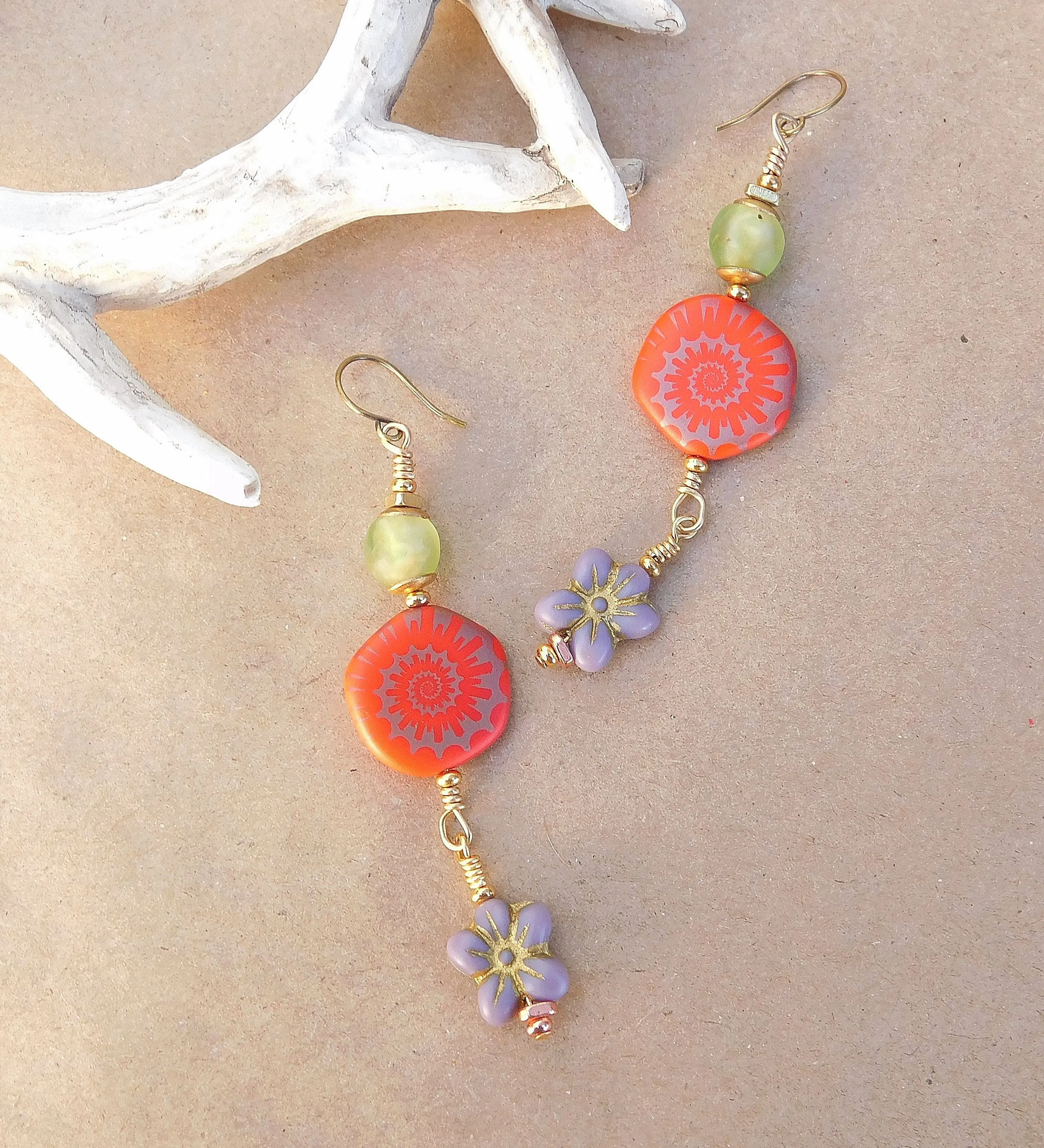 Laser Etched Ammonite on Coral and Flower Czech Bead Earrings