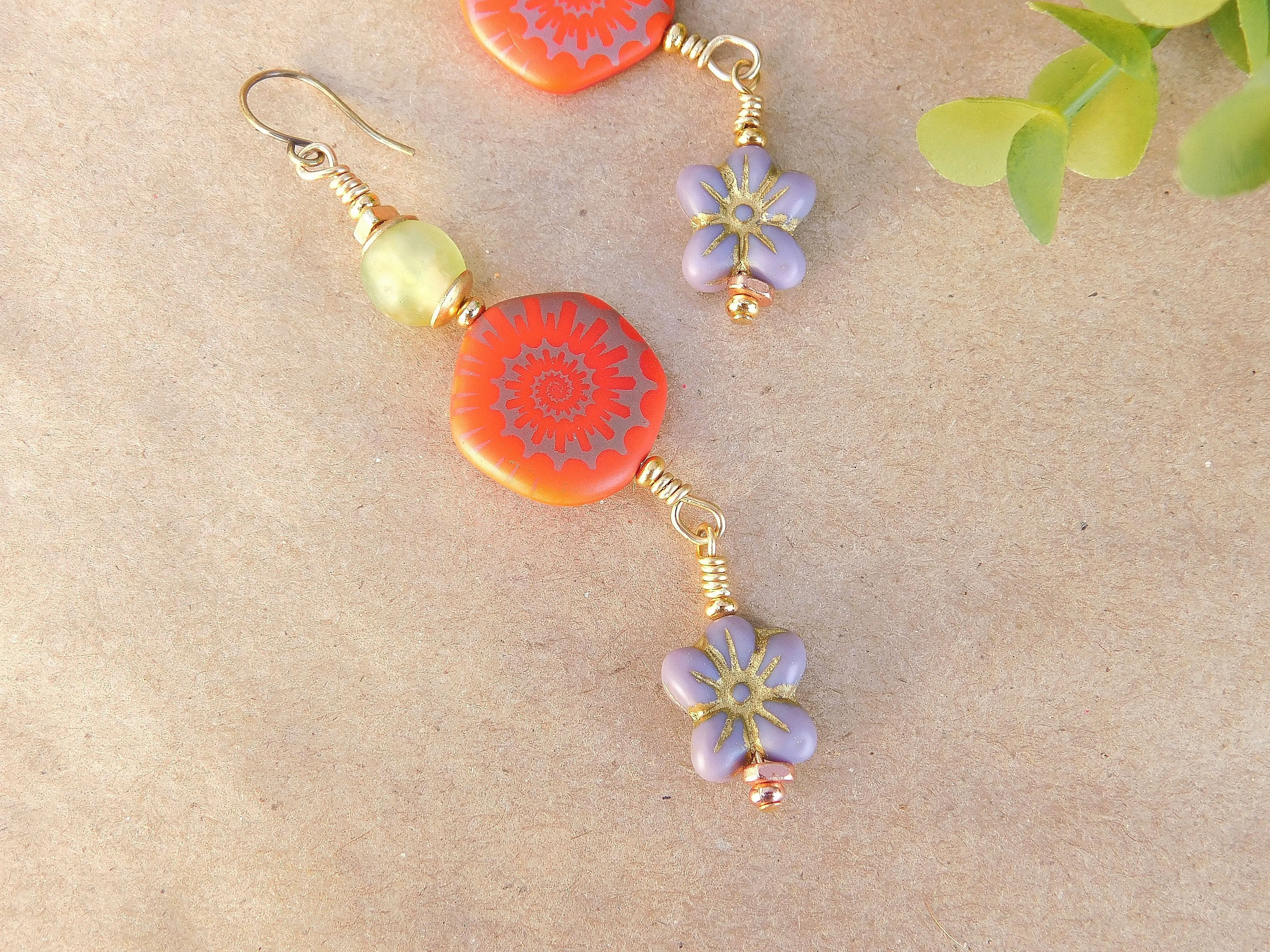 Laser Etched Ammonite on Coral and Flower Czech Bead Earrings