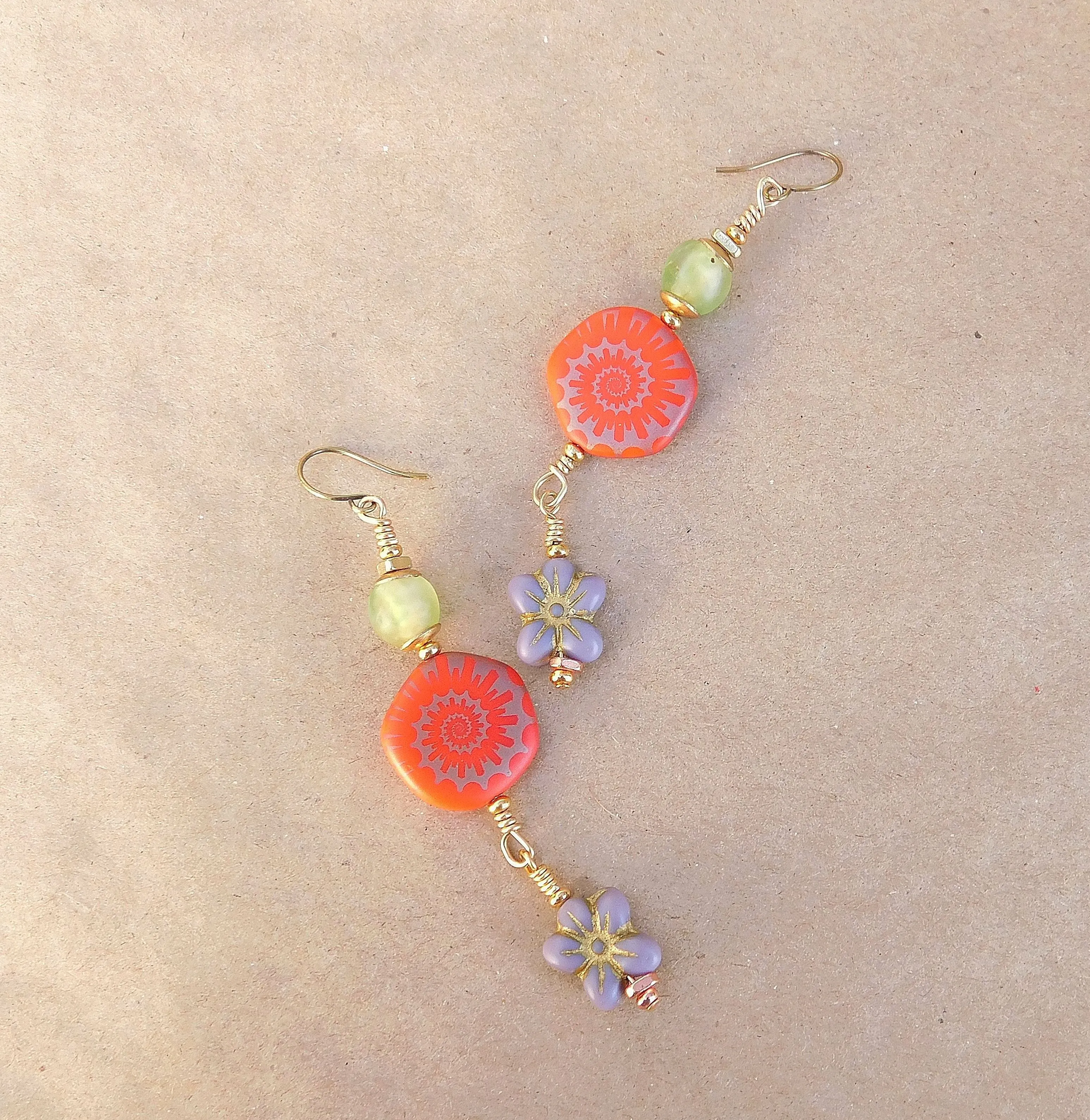 Laser Etched Ammonite on Coral and Flower Czech Bead Earrings