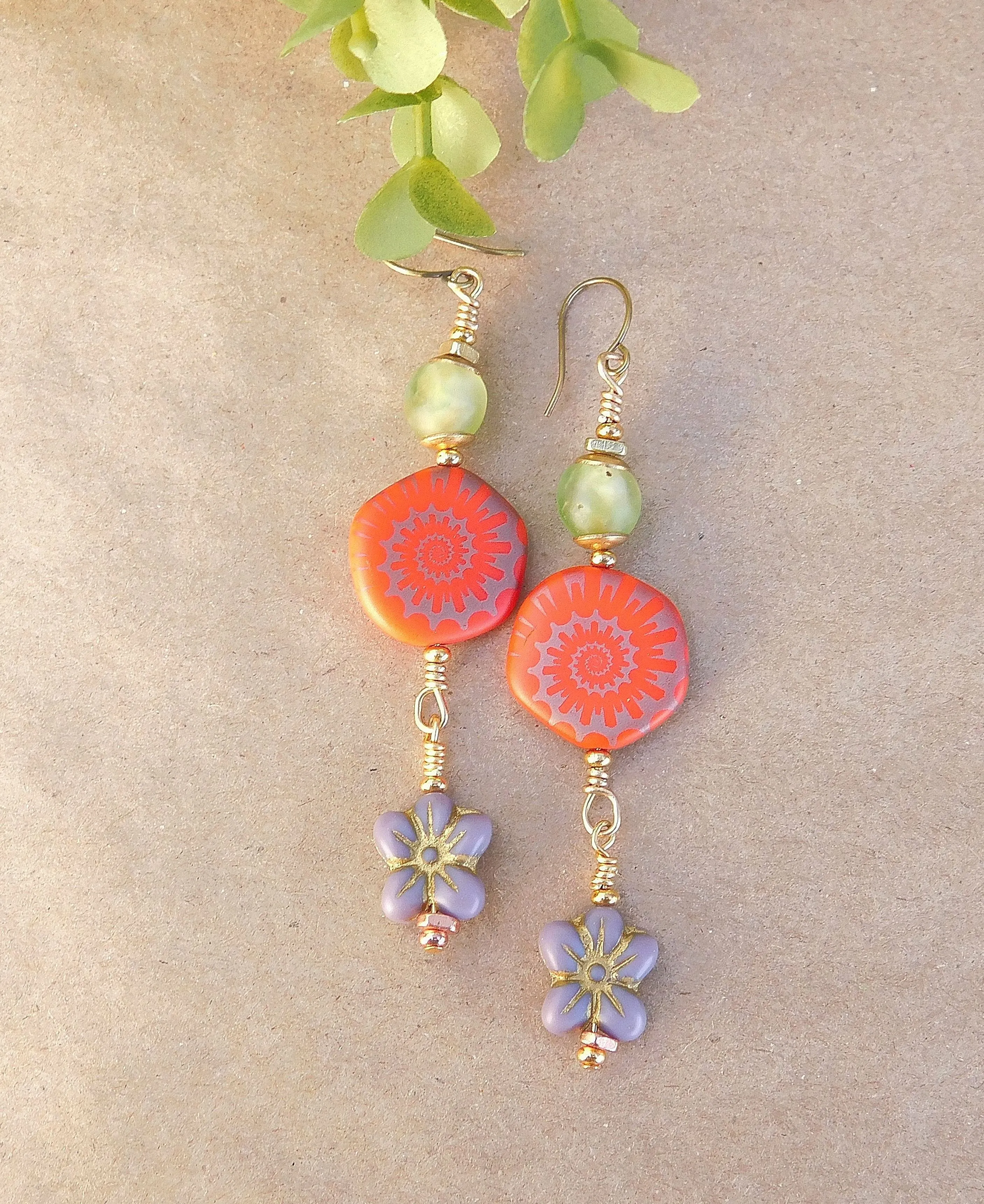 Laser Etched Ammonite on Coral and Flower Czech Bead Earrings