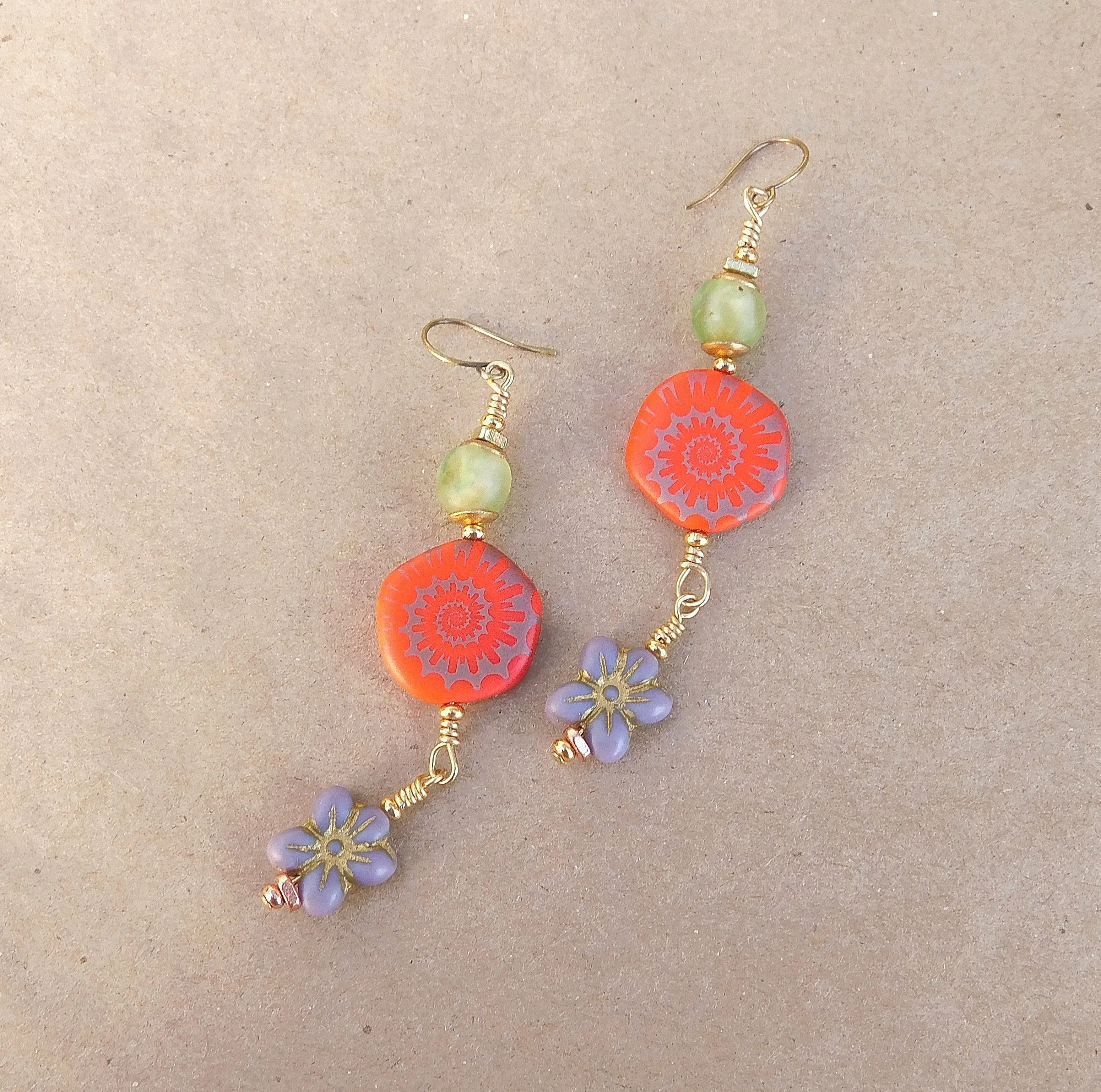 Laser Etched Ammonite on Coral and Flower Czech Bead Earrings