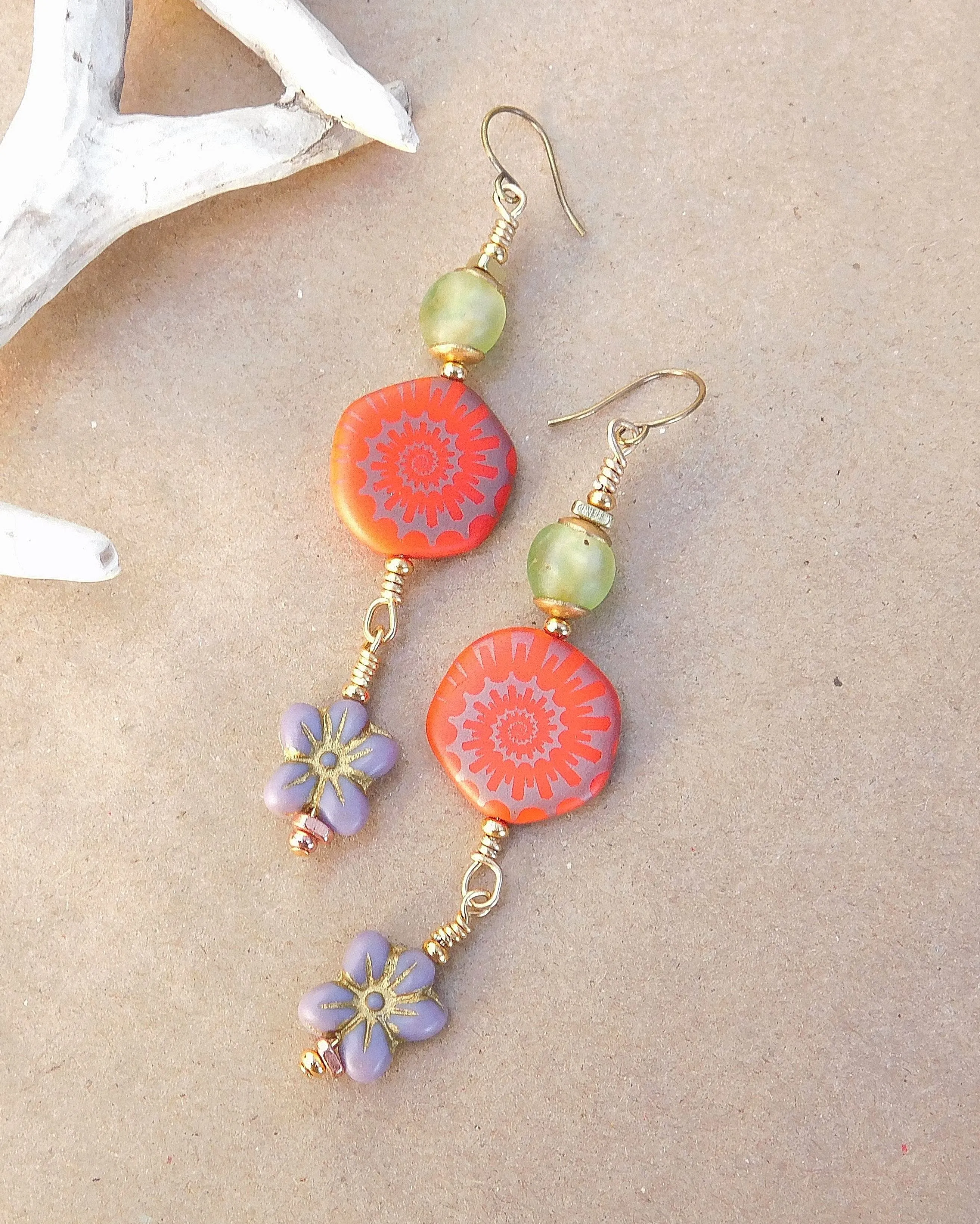 Laser Etched Ammonite on Coral and Flower Czech Bead Earrings