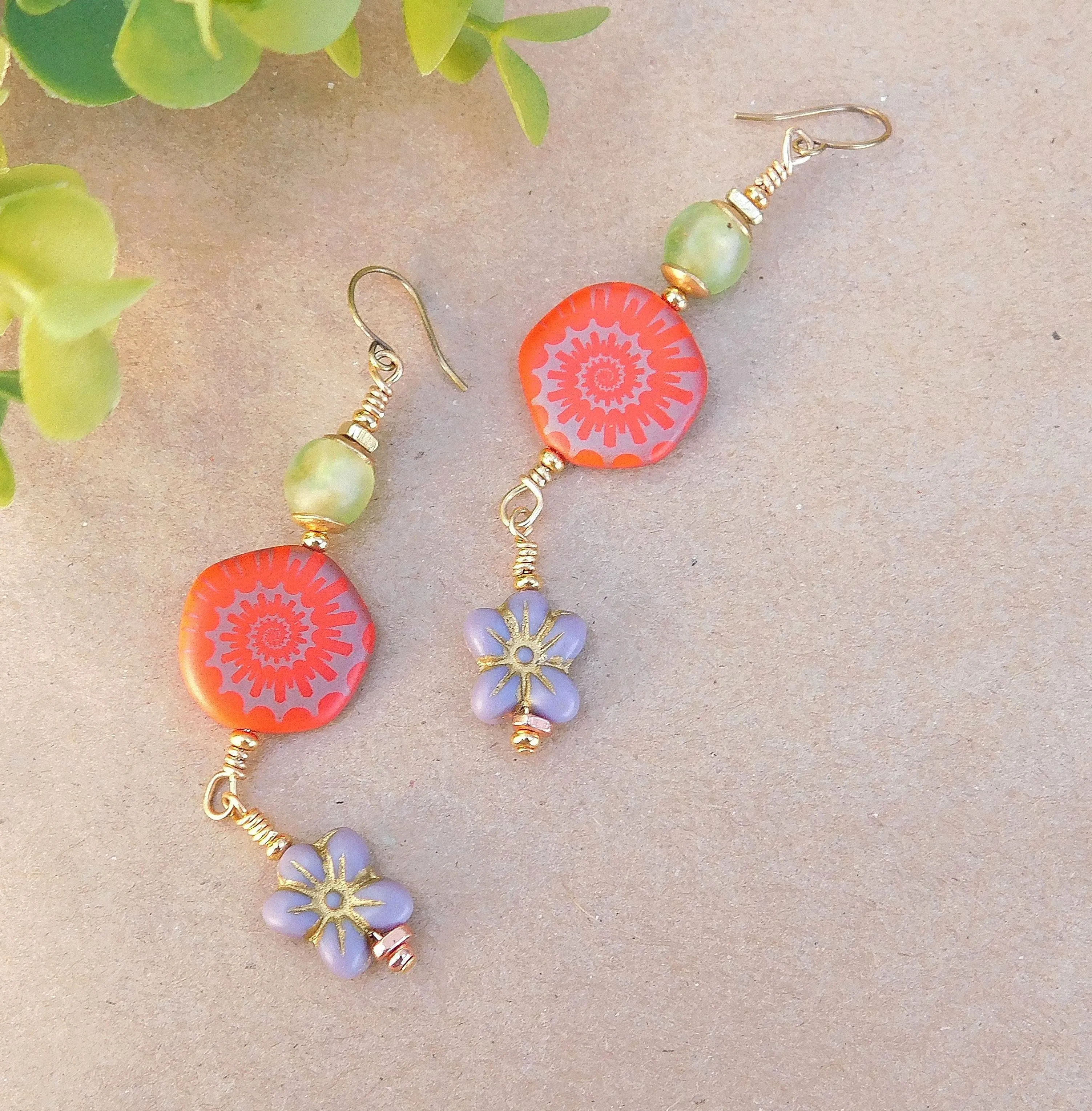 Laser Etched Ammonite on Coral and Flower Czech Bead Earrings