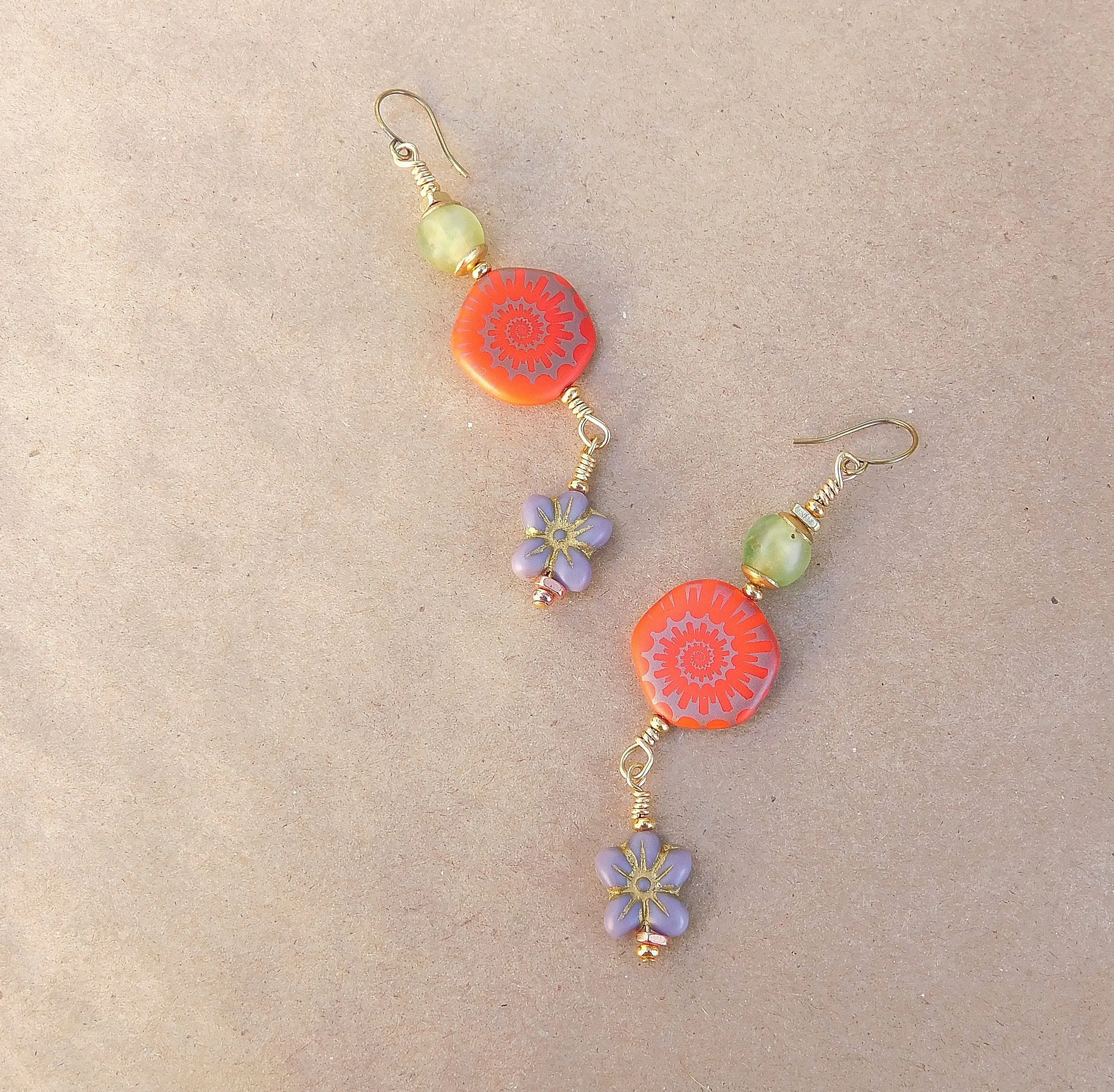 Laser Etched Ammonite on Coral and Flower Czech Bead Earrings