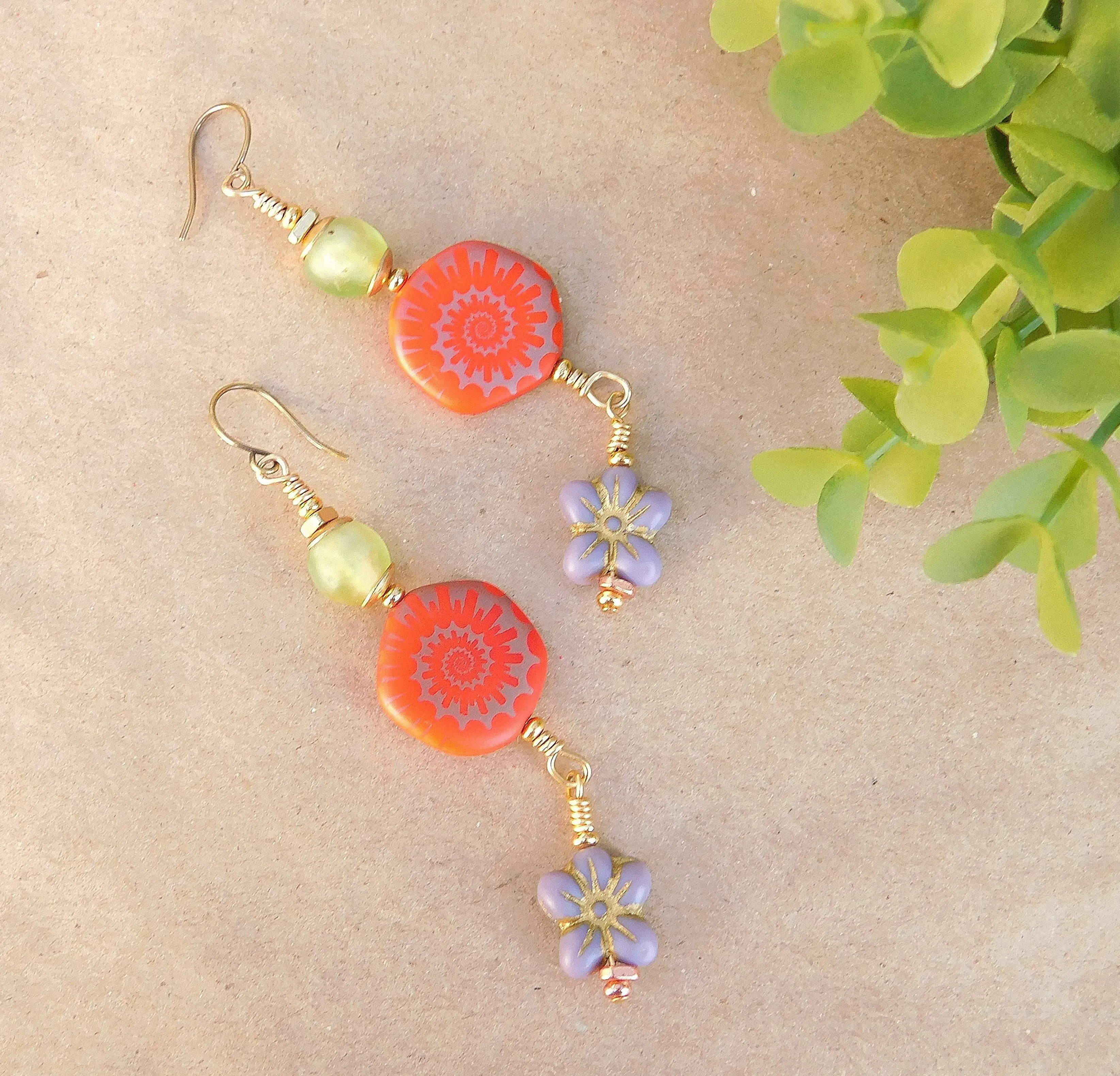 Laser Etched Ammonite on Coral and Flower Czech Bead Earrings