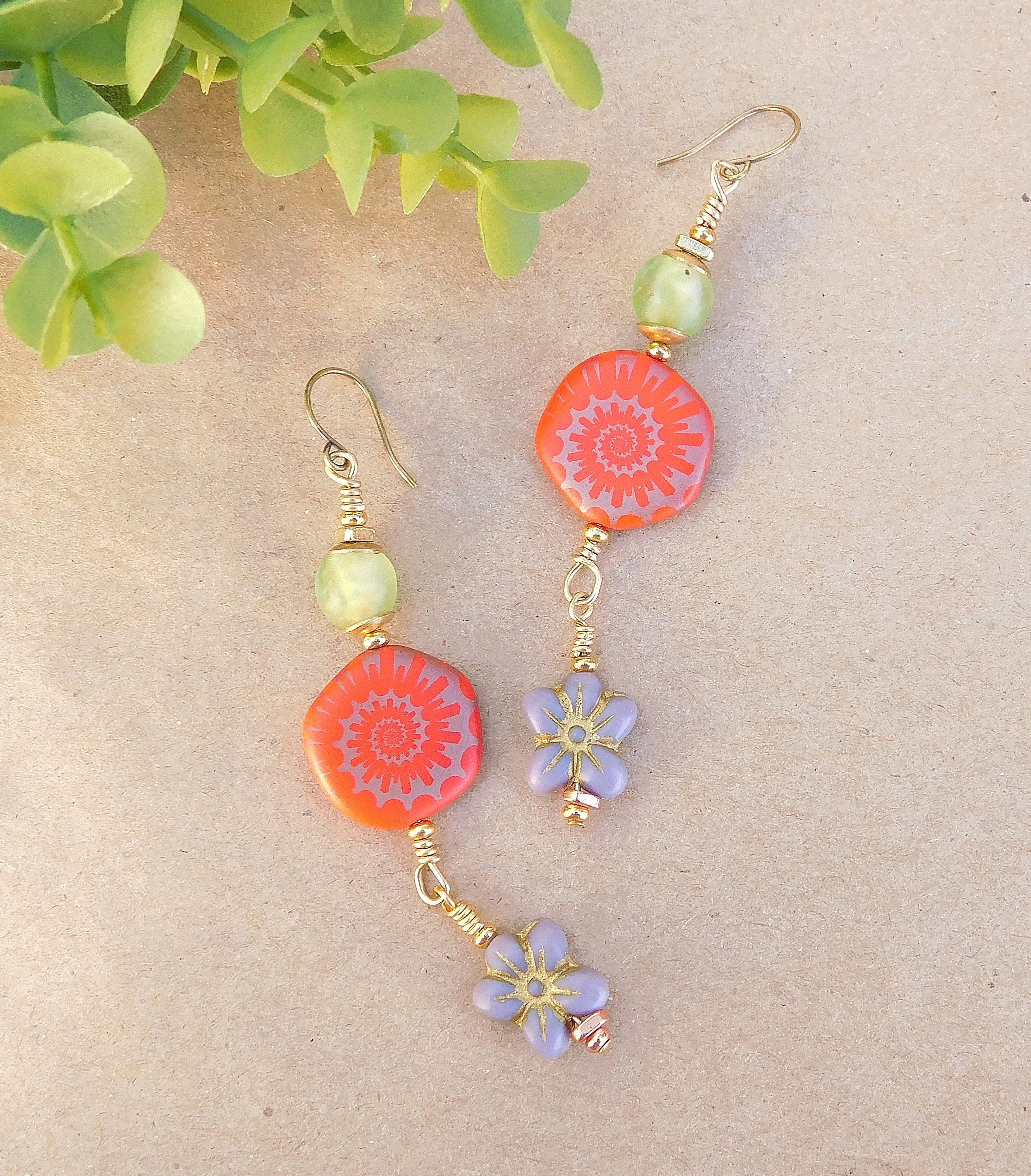 Laser Etched Ammonite on Coral and Flower Czech Bead Earrings