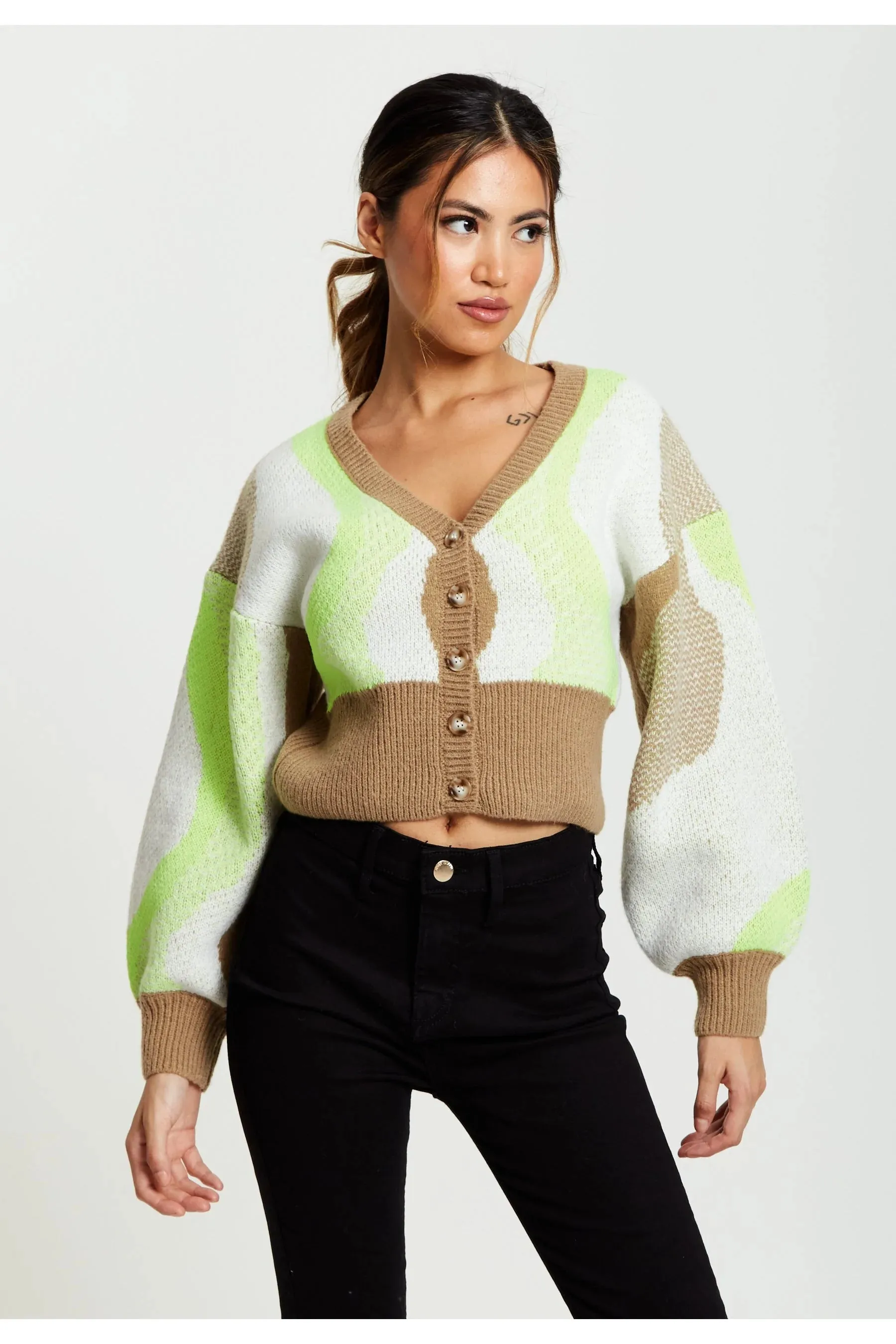 Liquorish Cardigan In Brown, Green And Cream