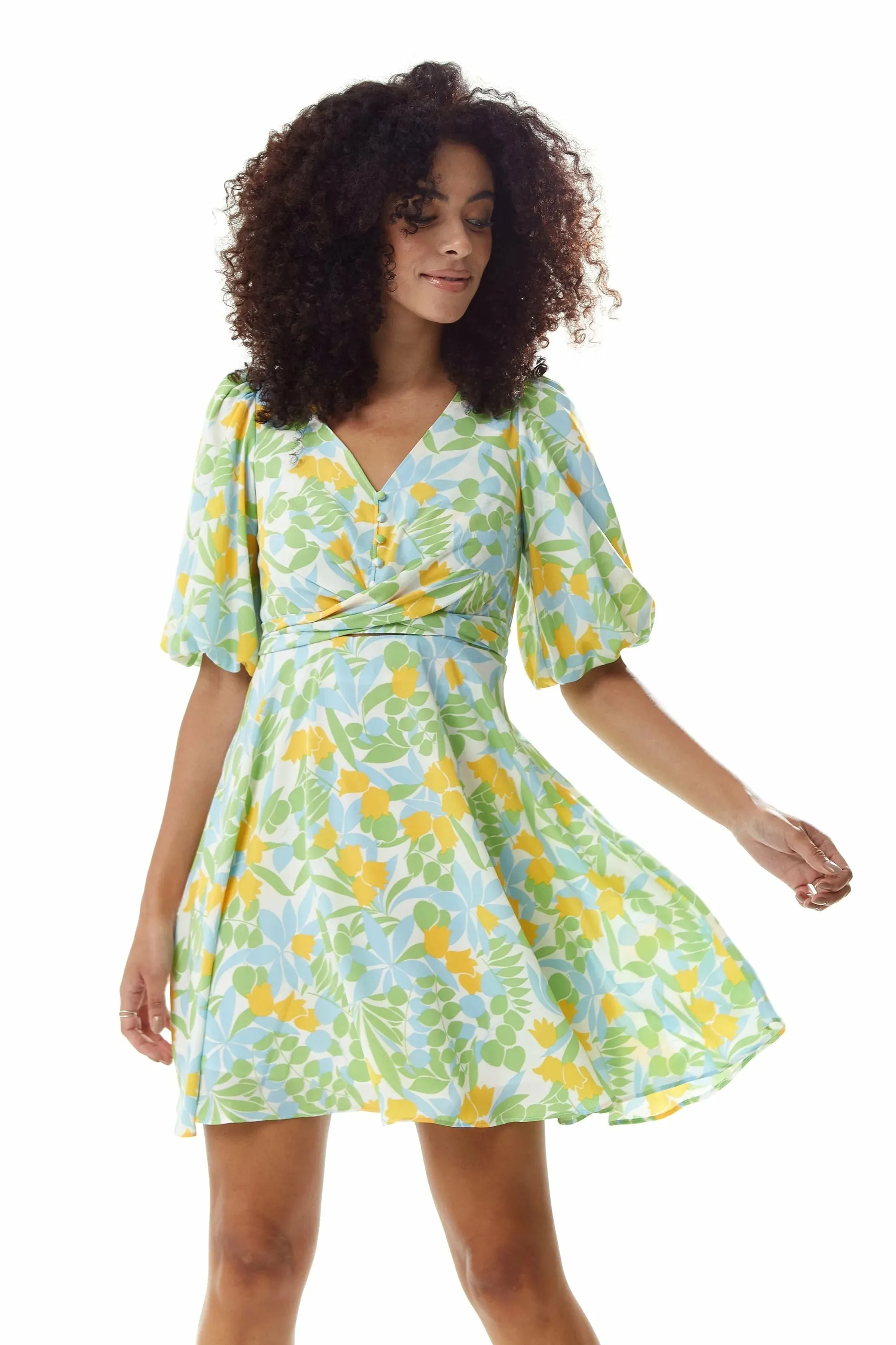 Liquorish Yellow Floral Summer Dress With Tie Waist