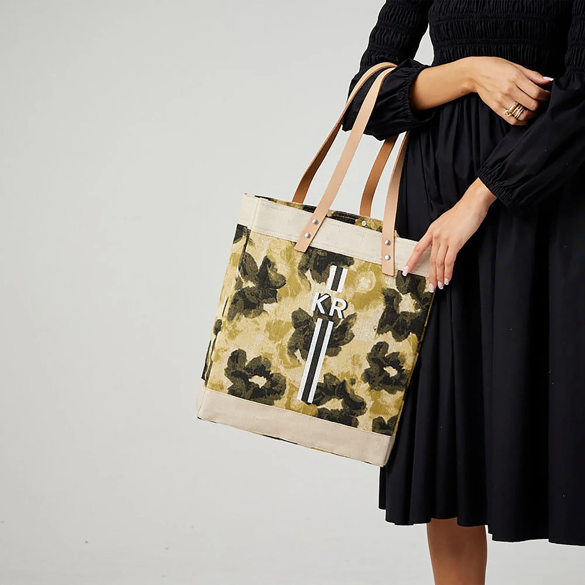 Market Tote in Khaki Bloom by Liesel Plambeck with Monogram