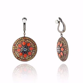 MCL Design Sterling Silver Button Earring Clips with Coral Pink Enamel, Warm Mixed Sapphires, Blue Topaz & White Pearl