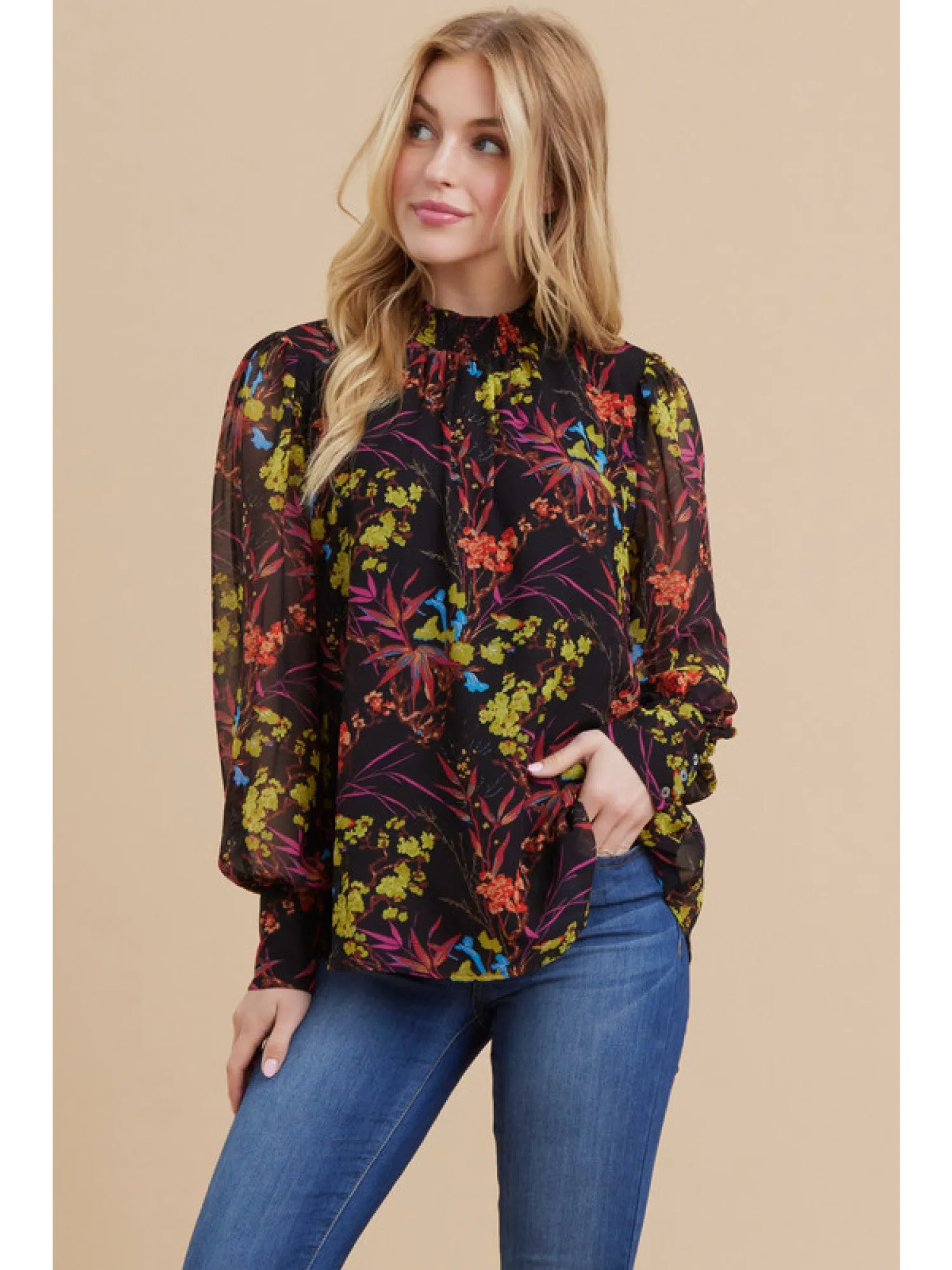 Night Gardens Smocked Neck Top