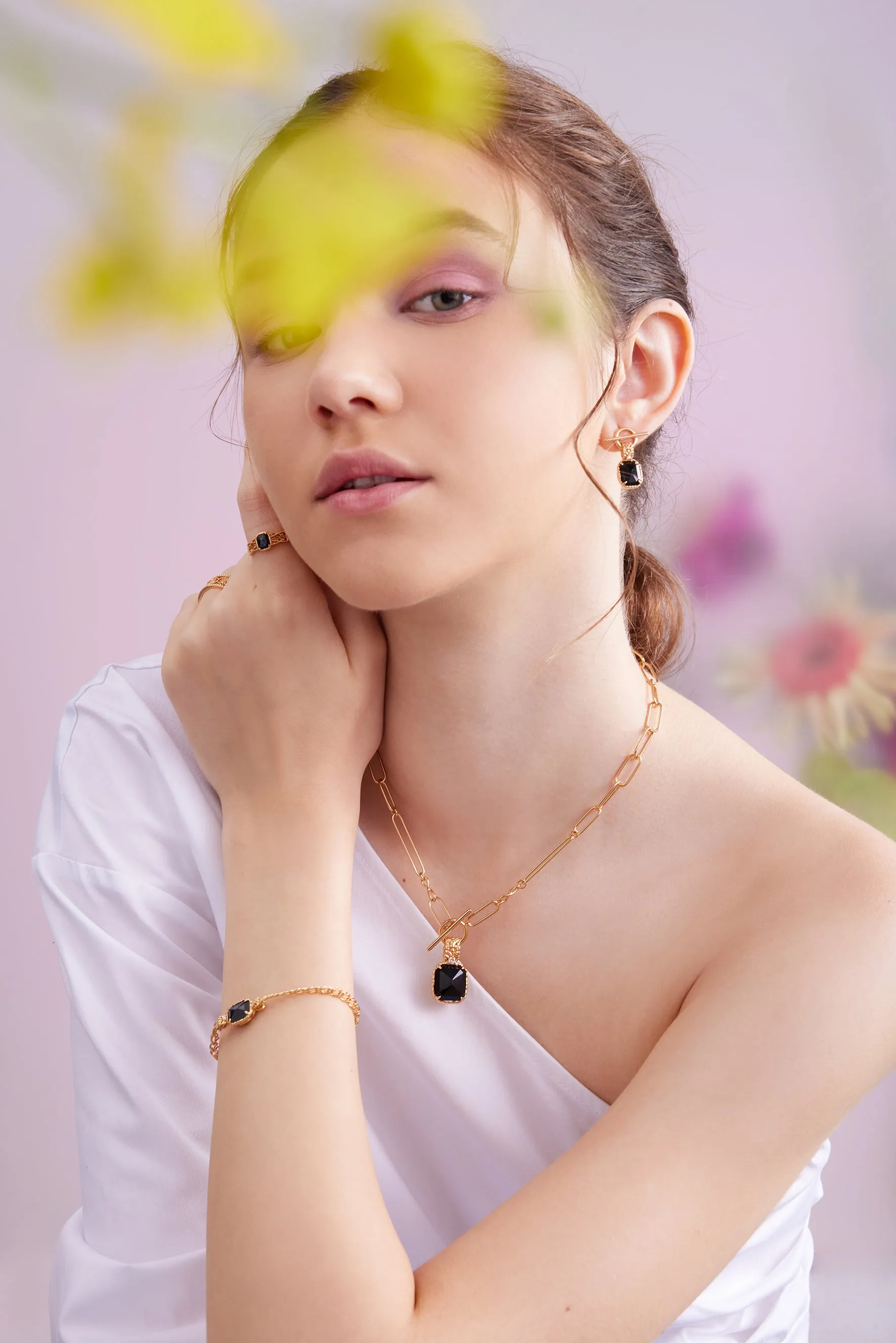 Obsidian Double Sided Gold Bracelet - Chrysanthemum