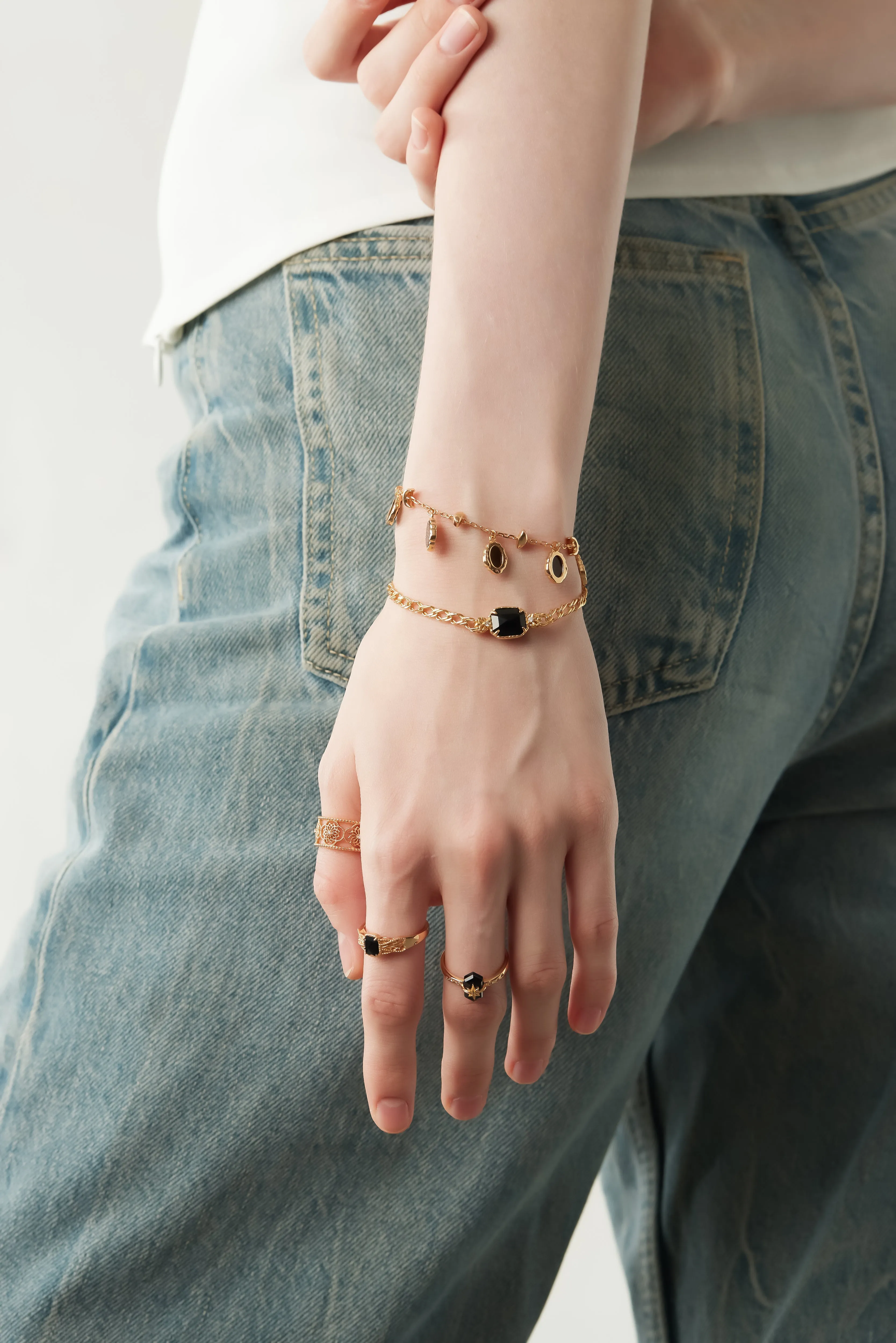 Obsidian Double Sided Gold Bracelet - Chrysanthemum