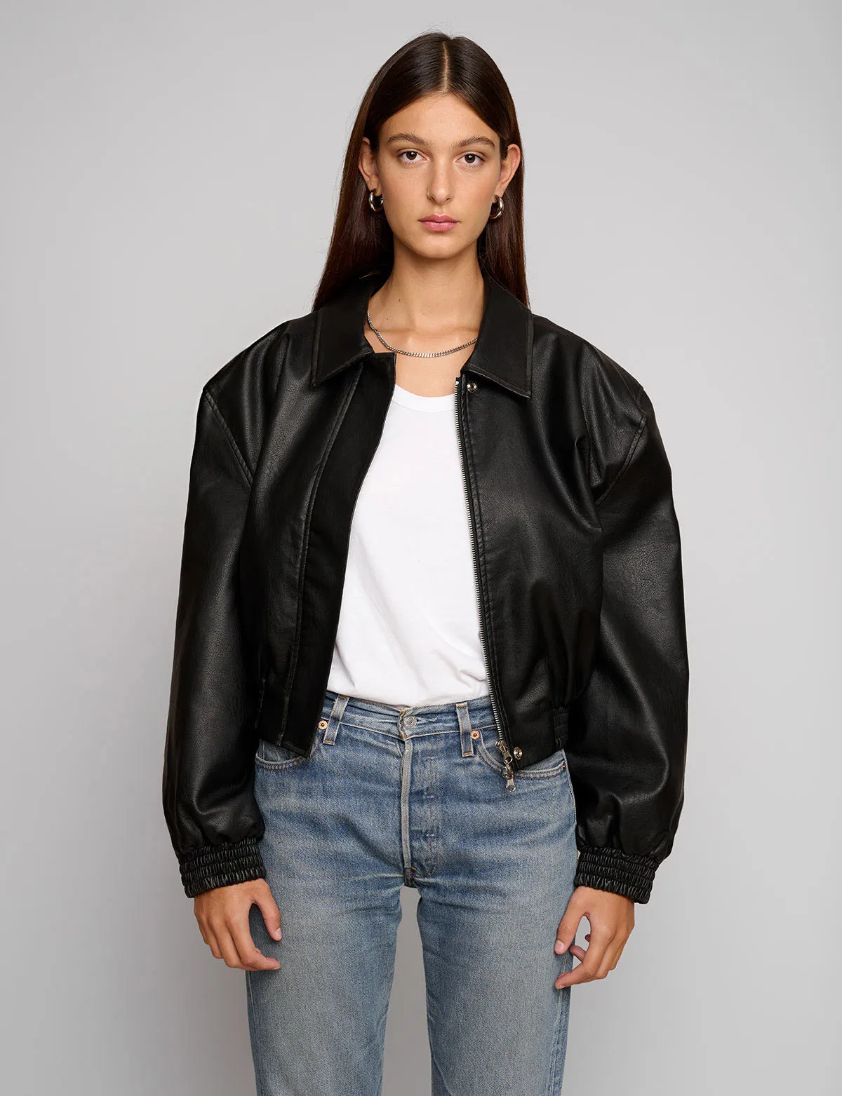 Padded Crop Black Leather Jacket