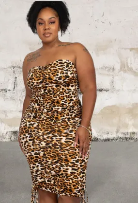 Plus Size Leopard Print Ruched Drawstring Tube Dress