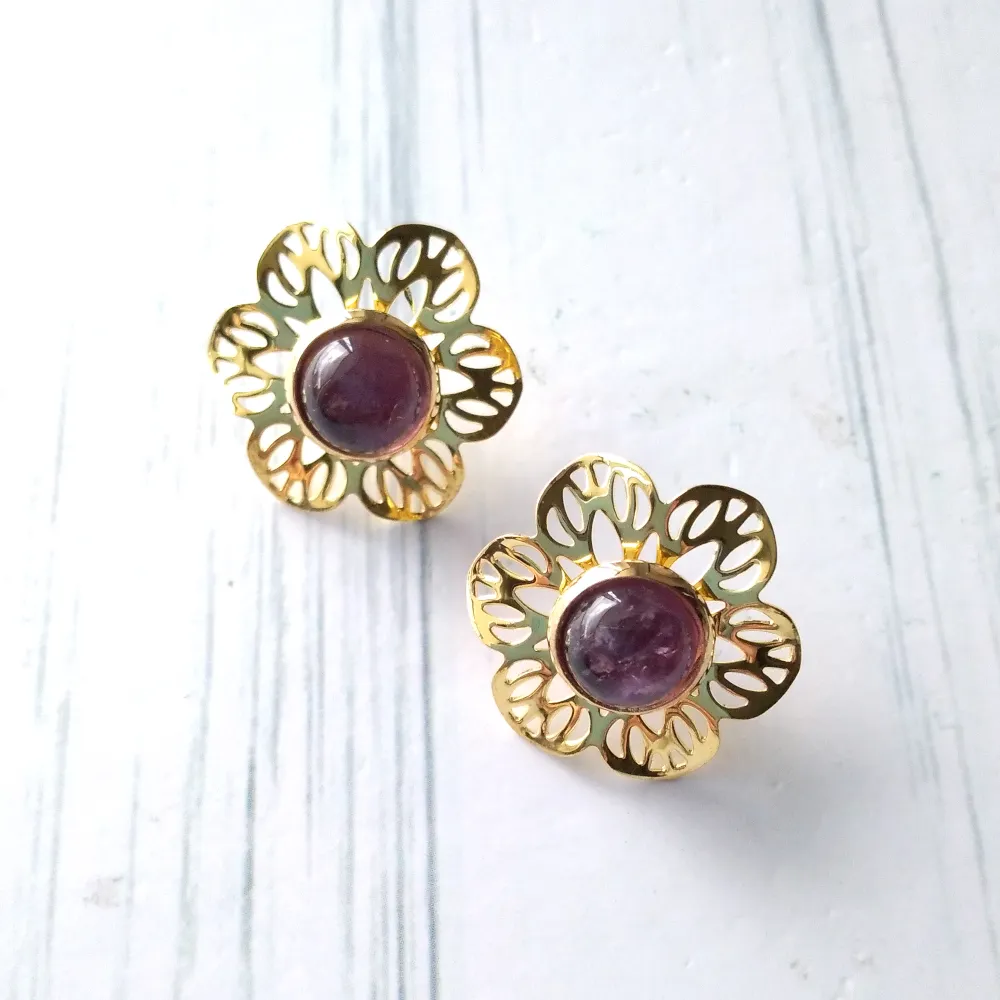 Round Amethyst Stud with Cutout Gumamela Earring Jacket