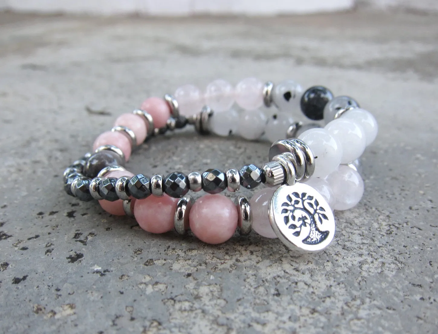 SALE - 27 Bead Mala in Pink Opal, Rose Quartz and Rutilated Quartz