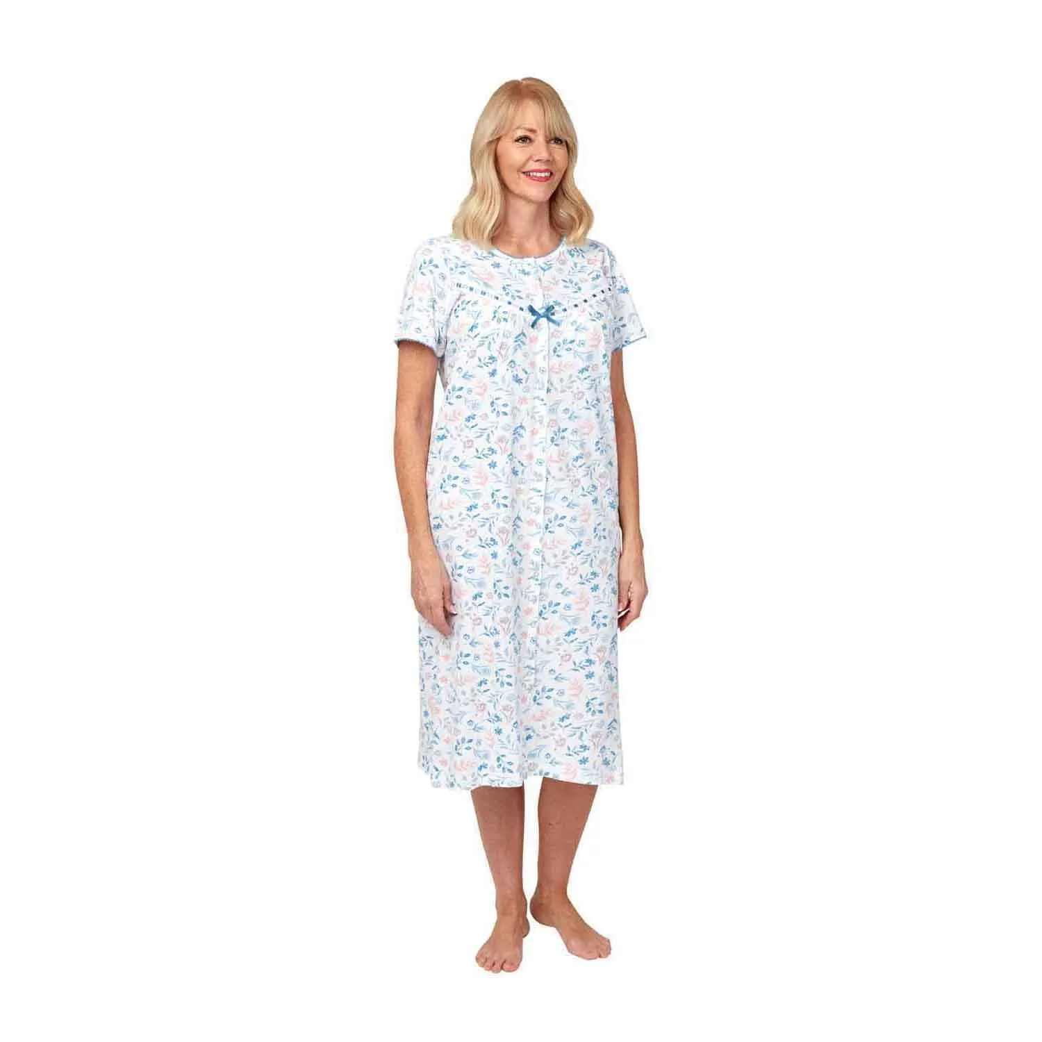 Short Sleeve Cotton Button Through Nightdress - Blue