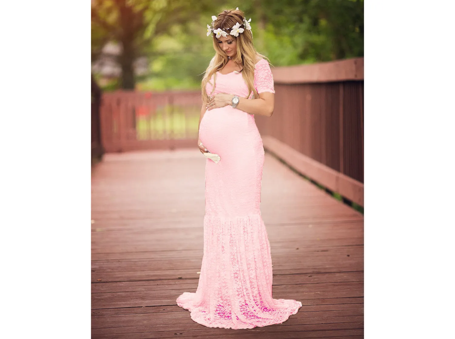 Solid Color Large V-neck Long Sleeve Lace Trailing Dress Maternity Dress Shooting