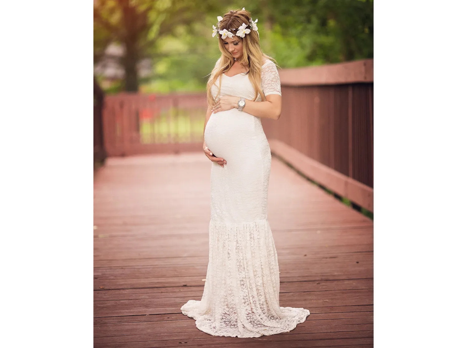 Solid Color Large V-neck Long Sleeve Lace Trailing Dress Maternity Dress Shooting