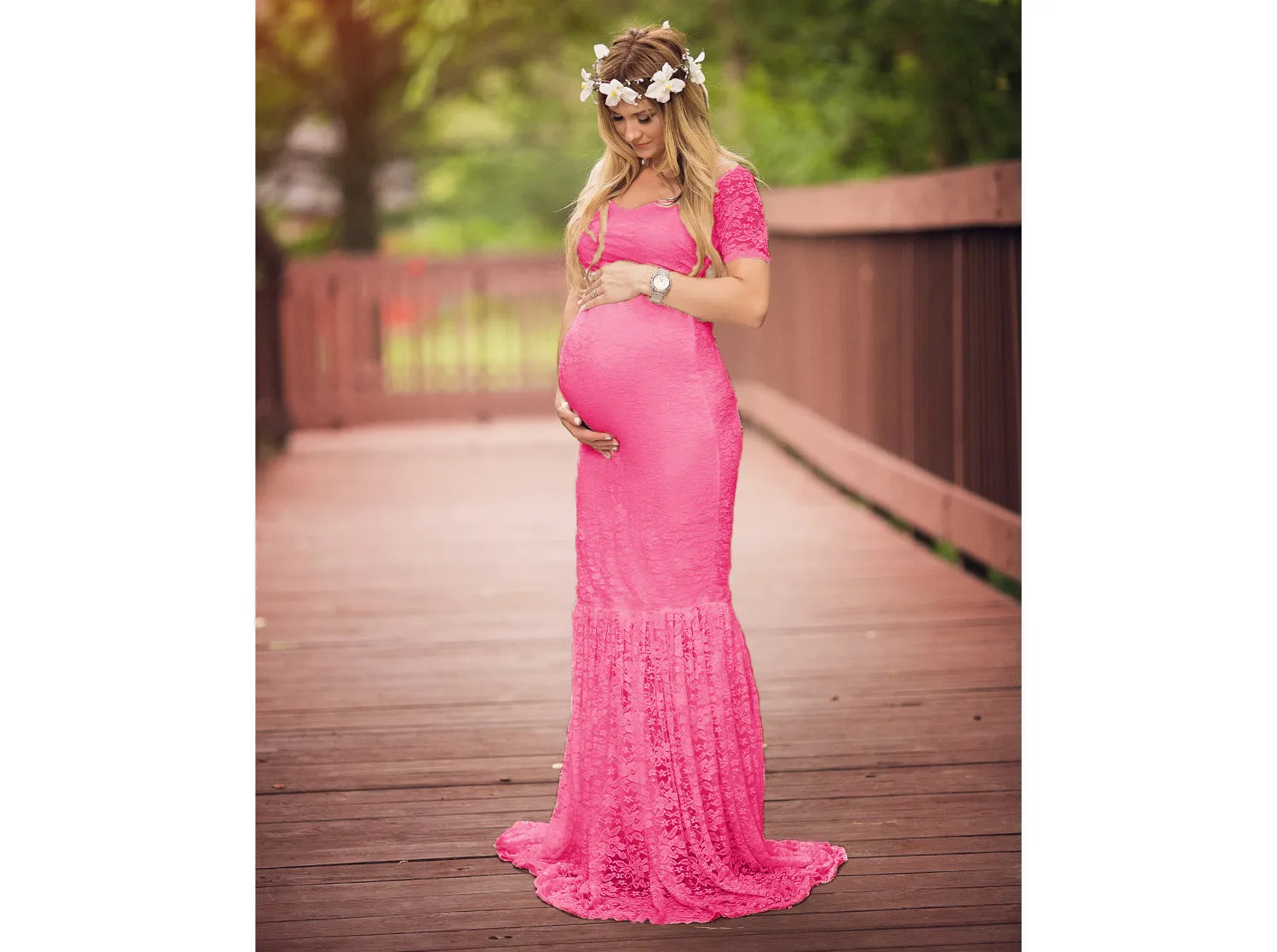 Solid Color Large V-neck Long Sleeve Lace Trailing Dress Maternity Dress Shooting