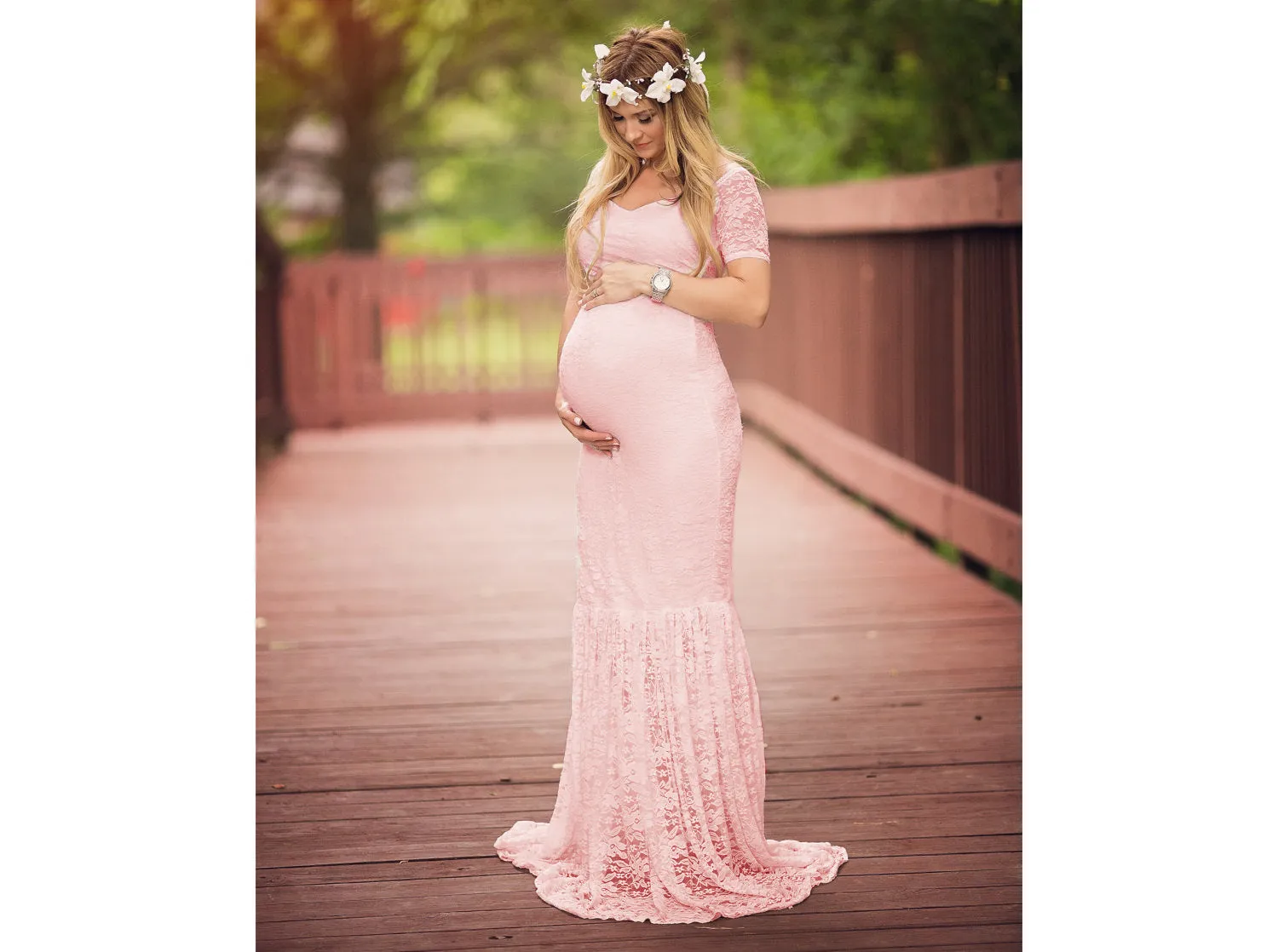 Solid Color Large V-neck Long Sleeve Lace Trailing Dress Maternity Dress Shooting