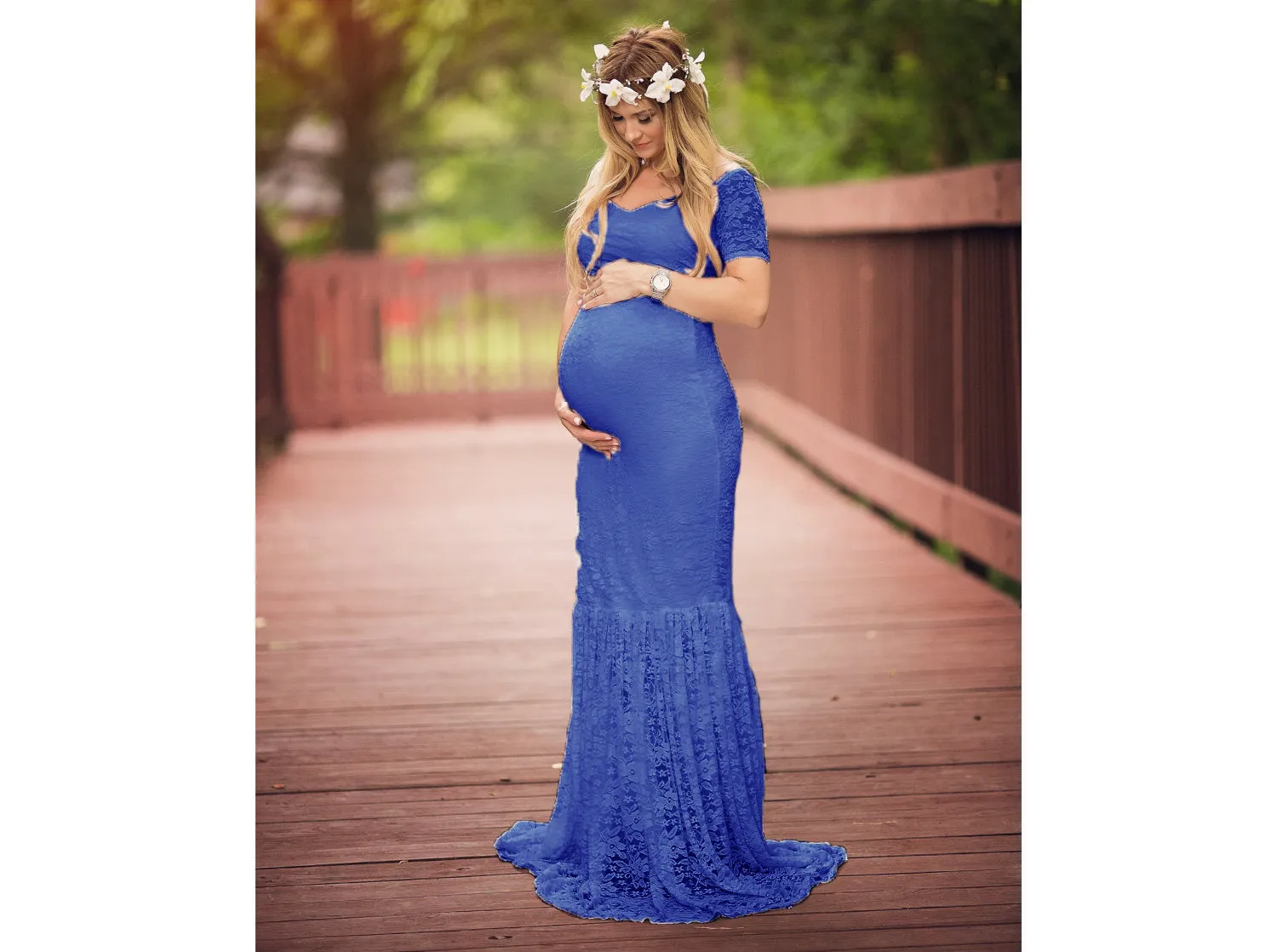 Solid Color Large V-neck Long Sleeve Lace Trailing Dress Maternity Dress Shooting