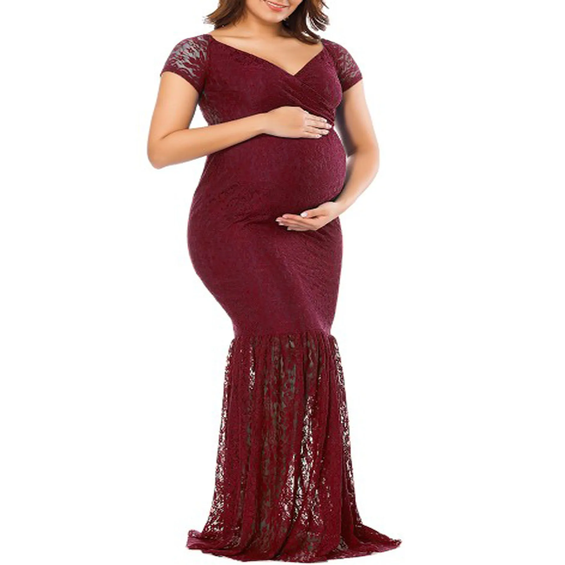 Solid Color Large V-neck Long Sleeve Lace Trailing Dress Maternity Dress Shooting